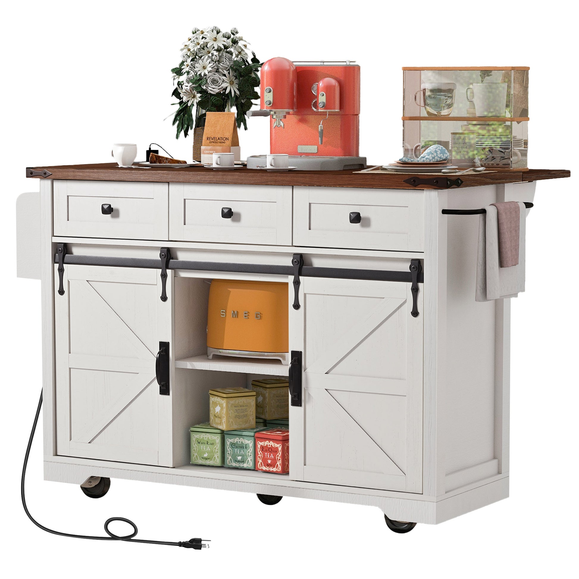 K&K 53.7" Farmhouse Kitchen Island With Power Outlet, 2 Sliding Barn Door Kitchen Storage Island With Drop Leaf, Spice Rack Rolling Kitchen Cart On Wheels, For Home, Kitchen And Dining Room, White