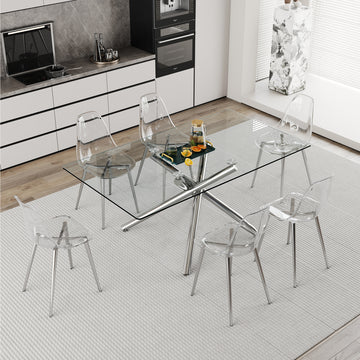 Table And Chair Set.Modern Luxurious Transparent Tempered Glass Dining Table Set With Transparent Pp Chairs.6 Multiple Transparent High Quality Pp Dining Chairs With Silver Legs. Transparent Seats 6