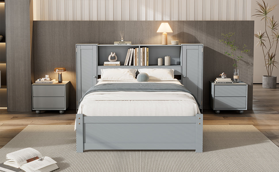 Twin Size Platform Bed With Storage Headboard And Lockers, Gray Twin Box Spring Not Required Gray Wood Bedroom Solid Wood Mdf