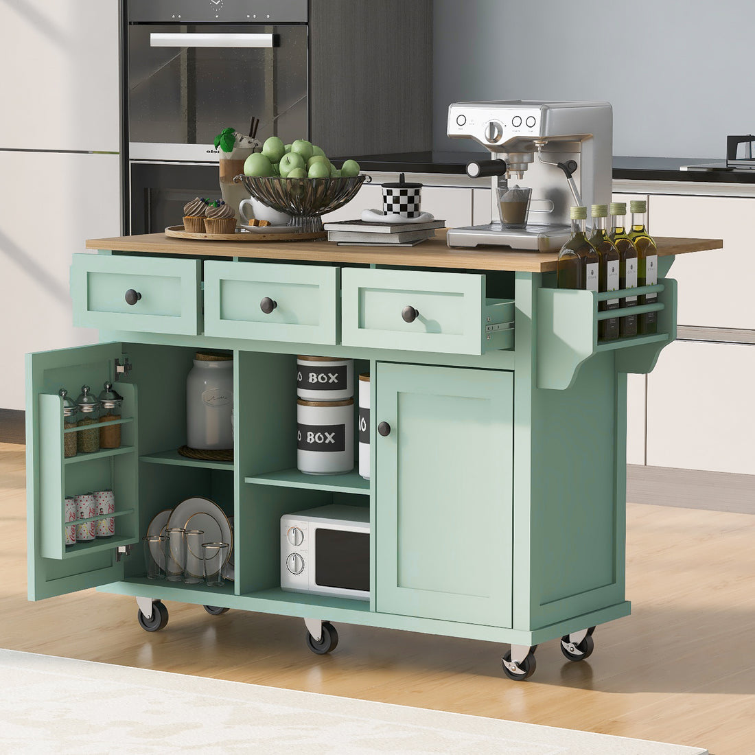 Kitchen Cart With Rubber Wood Drop Leaf Countertop ,Cabinet Door Internal Storage Racks,Kitchen Island On 5 Wheels With Storage Cabinet And 3 Drawers For Dinning Room, Mint Green Mint Green Kitchen American Design,American Traditional,Antique Rectangular