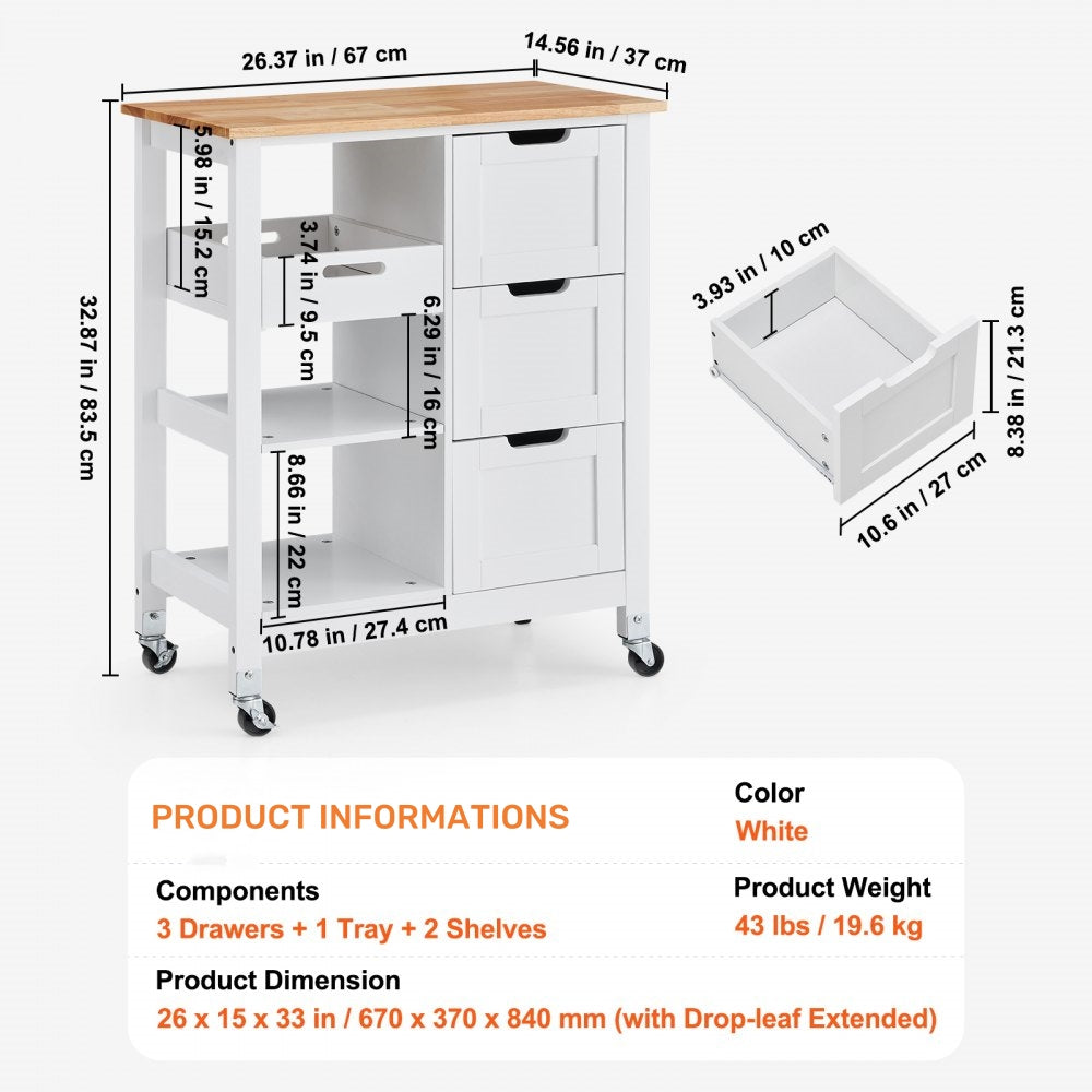 Rolling Portable Small Kitchen Island Cart On Wheels With Solid Wood Top, Dining Room Serving Utility Carts Mobile Movable With 3 Drawers And Storage Shelves Cabinet, White White White Dining Room American Design Rectangular Kitchen Island Sets Mdf Small