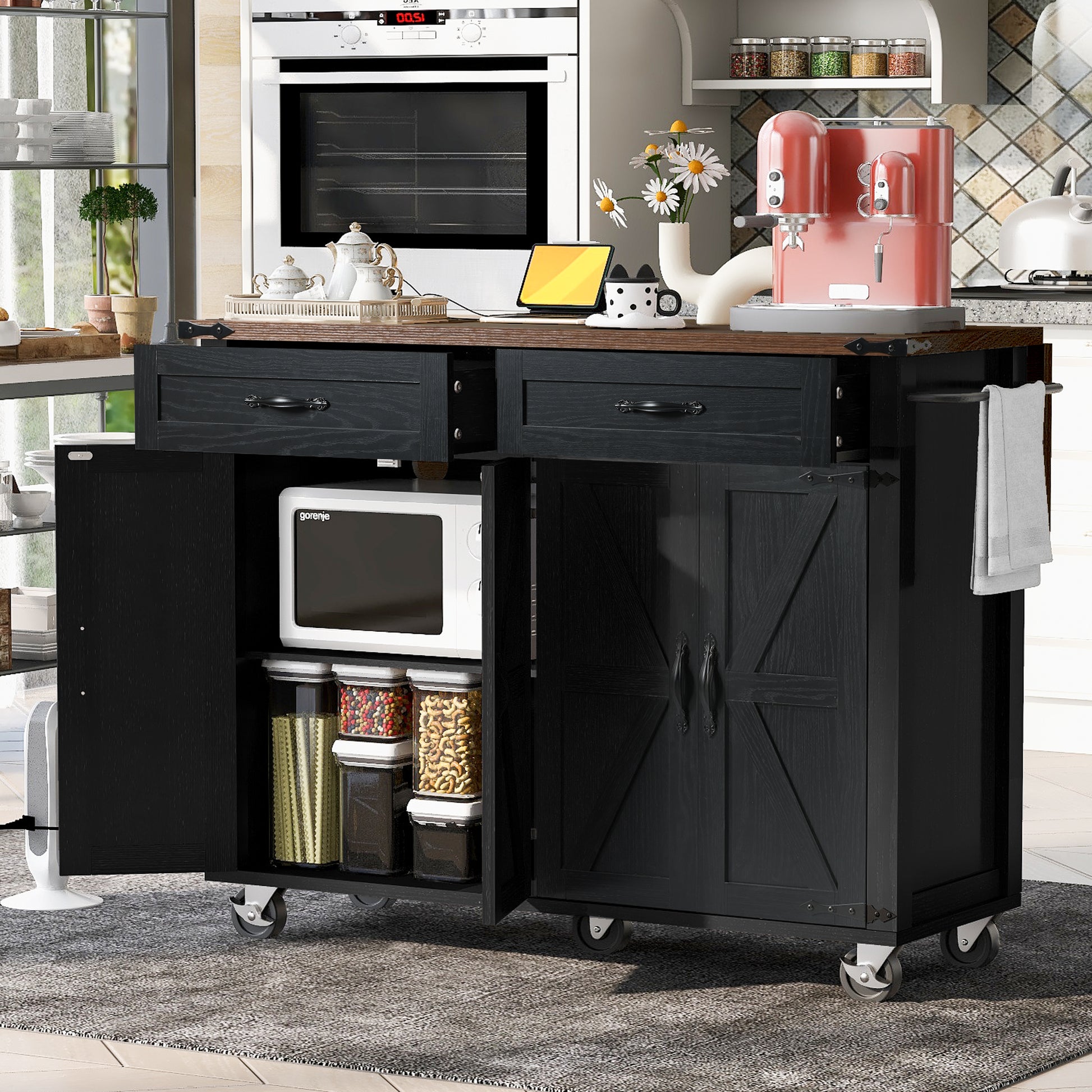 K&K 53.5''Farmhouse Kitchen Island With Power Outlet, Kitchen Storage Island With Drop Leaf, Spice Rack And Drawer, Rolling Kitchen Cart On Wheels, For Home, Kitchen And Dining Room, Black Black