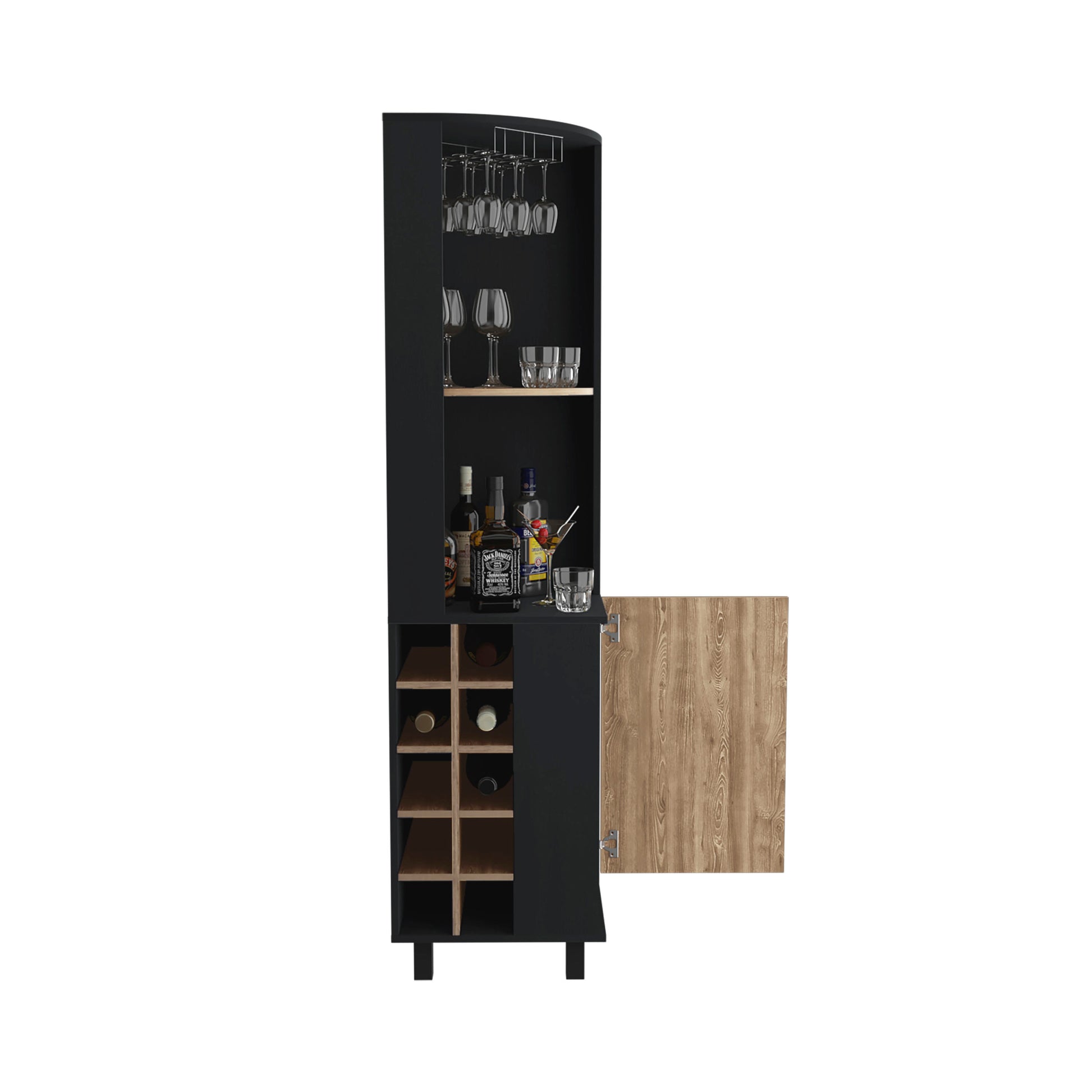 Kaia 70" Tall Corner Bar Cabinet With Four Shelves, Ten Wine Bottle Cubbies And Stemware In Black Pine Multi Primary Living Space Modern Shelves Included Particle Board