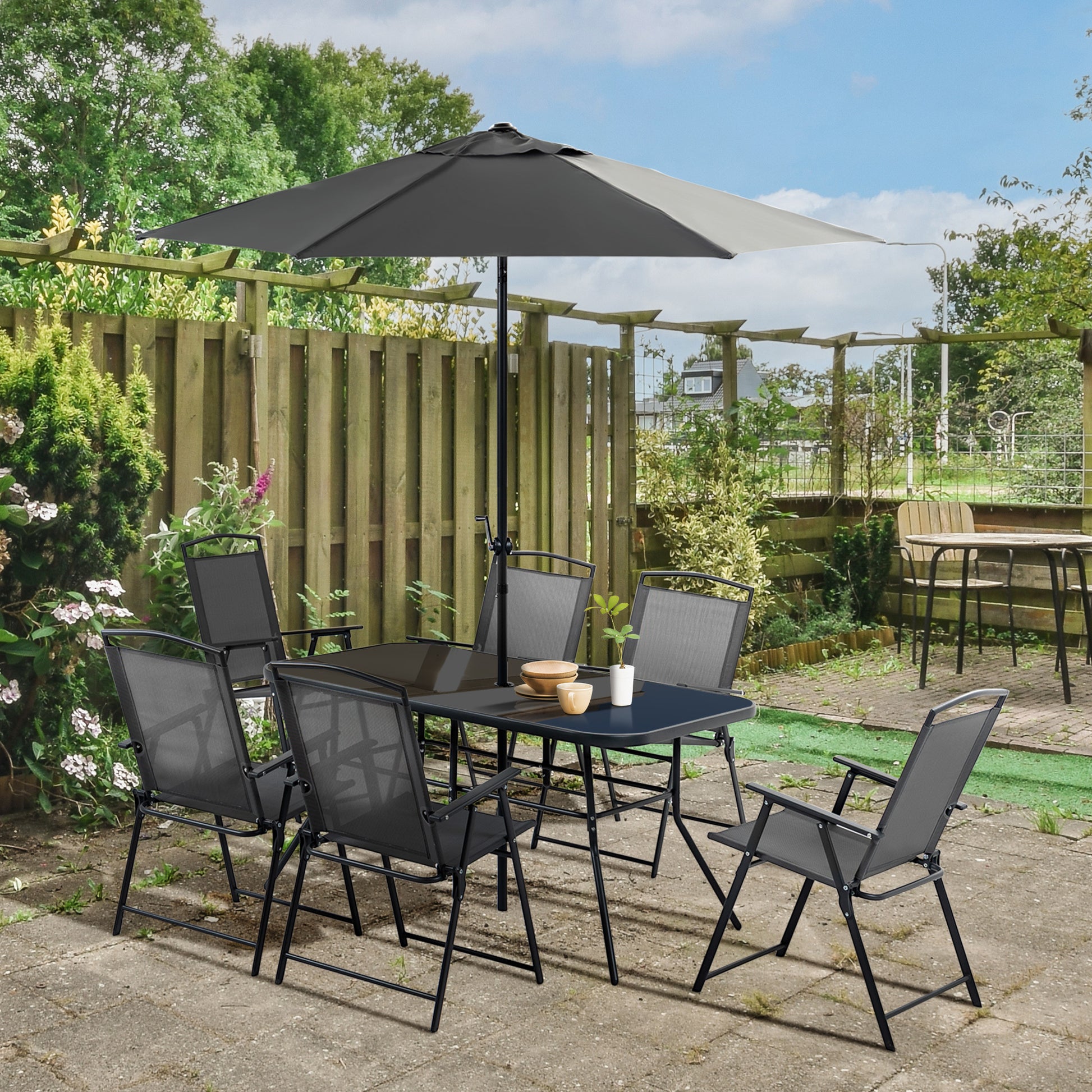 foldable patio set with umbrella Outsunny 8 Piece Patio Dining Set With Table Umbrella, 6 Folding Chair