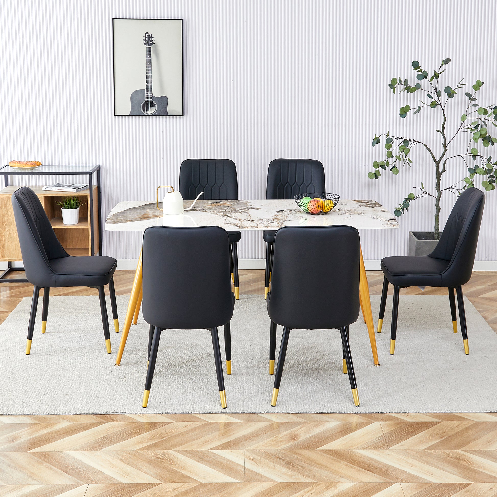 Table And Chair Set.Modern Minimalist Dining Table. White Imitation Marble Pattern Sintered Stone Desktop With Golden Metal Legs.Paried With 6 Comfortable Chairs With Pu Seats And Black Metal Legs.