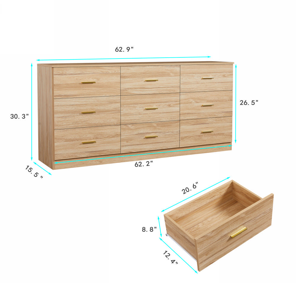 Modern Natural 9 Drawer Dresser For Bedroom Large Storage Wide Chest Of Drawers, Sturdy & Safe Natural Primary Living Space American Design,Contemporary,Modern Melamine Engineered Wood