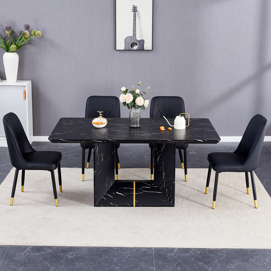 Table And Chair Set.This Modern Dining Table With Mdf Marbled Design Gives You A Luxurious And Elegant Feel.Paired With Multiple Chairs With Pu Artificial Leather Backrest Cushions And Black Legs. Black Seats 4 Mdf