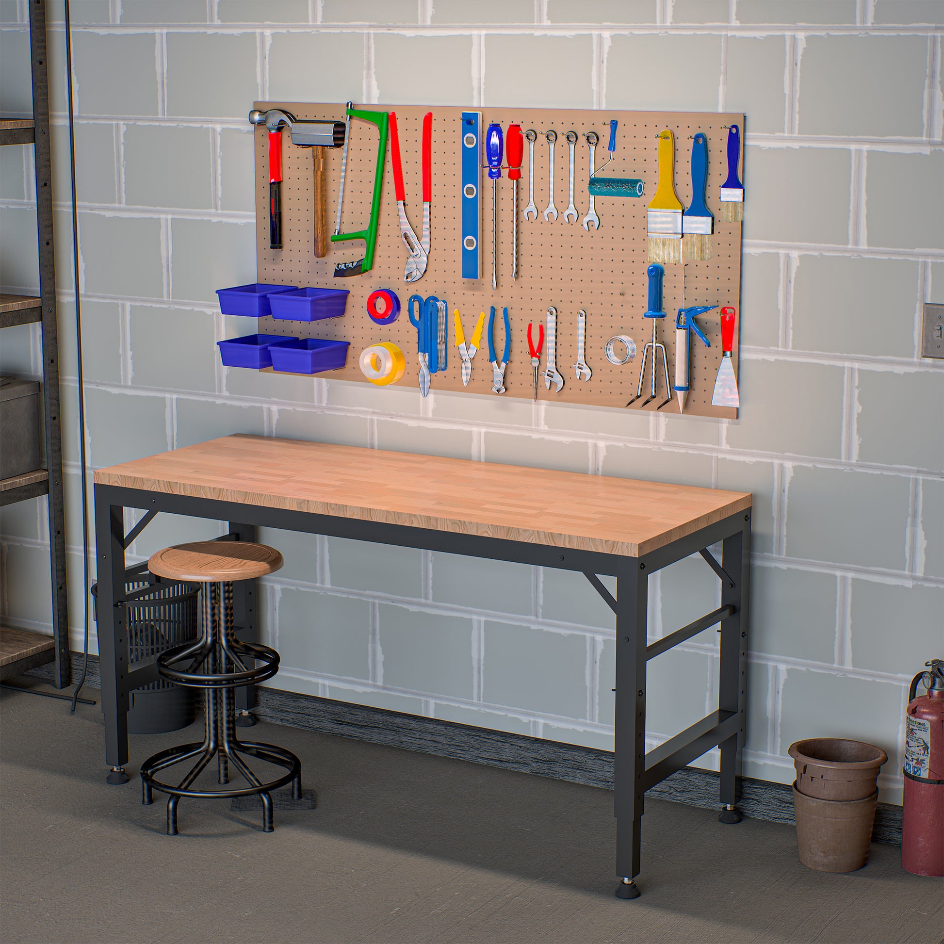 Adjustable Height Workbench, 60" Rubber Wood Top Heavy Duty Workstation With Power Outlets, 2000 Lbs Load Capacity Hardwood Worktable For Workshop, Garage, Office, Home, Commercial Black Metal & Wood