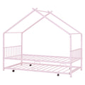 Twin Size Metal House Bed With Twin Size Trundle, Pink Twin Pink Metal