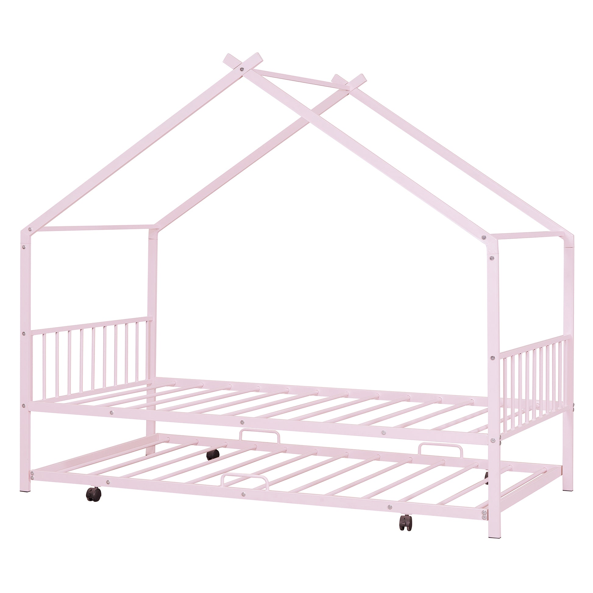 Twin Size Metal House Bed With Twin Size Trundle, Pink Twin Pink Metal