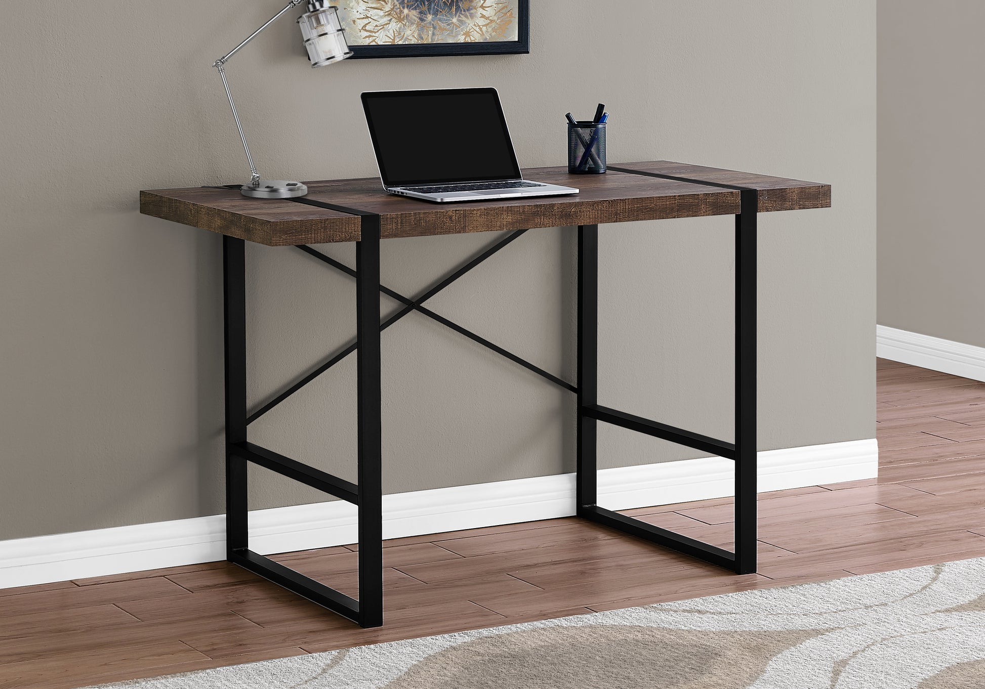 Computer Desk, Home Office, Laptop, 48"L, Work, Brown Laminate, Black Metal, Contemporary, Modern Brown Particle Board