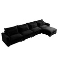 Large L Shape Sectional Corduroy Sofa,Deep Seat Couch With Storage Footstool And 4 Waist Pillows, Black Black Corduroy 4 Seat