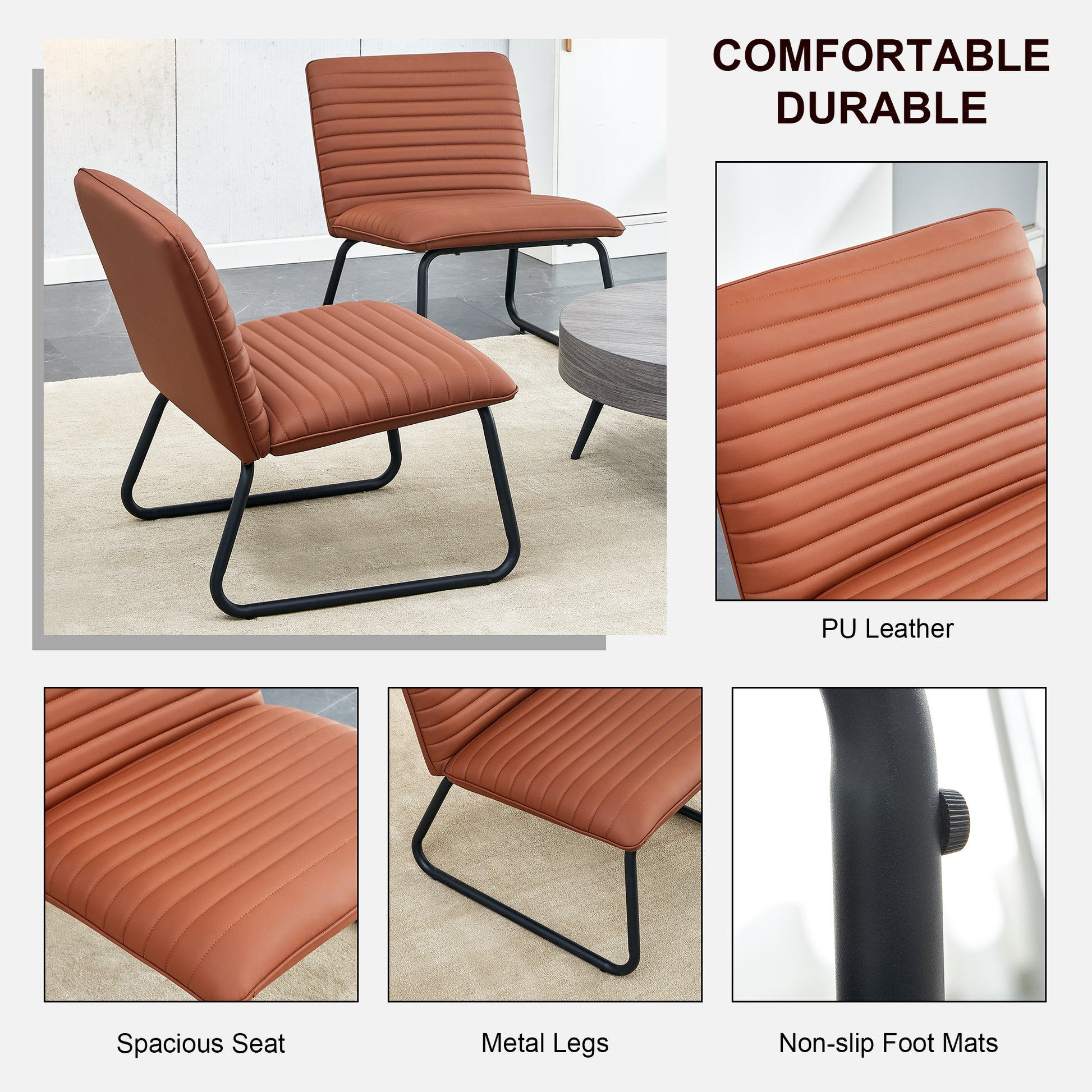 Brown Minimalist Armless Sofa Chair With Pu Backrest And Black Metal Legs, Suitable For Offices, Restaurants, Kitchens, And Bedrooms Brown Metal