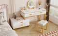 Modern Style Vanity Table With Movable Side Cabinet And 4 Drawers, Large Size Dressing Table With Mirror And 3 Colors Led Light, Makeup Table With Stool, White, Lden Legs Gold White 4 Drawers Mdf Metal