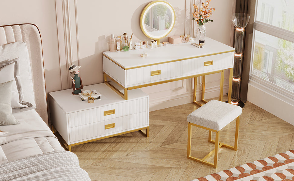 Modern Style Vanity Table With Movable Side Cabinet And 4 Drawers, Large Size Dressing Table With Mirror And 3 Colors Led Light, Makeup Table With Stool, White, Lden Legs Gold White 4 Drawers Mdf Metal