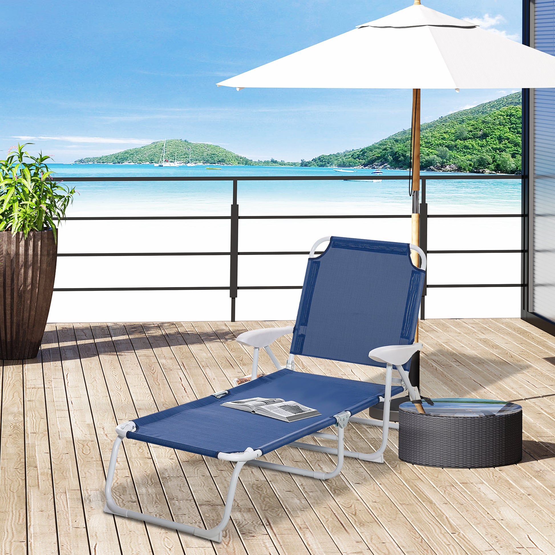 Outsunny Folding Chaise Lounge, Outdoor Sun Tanning Chair, 4 Position Reclining Back, Armrests, Metal Frame And Mesh Fabric For Beach, Yard, Patio, Blue Blue Metal