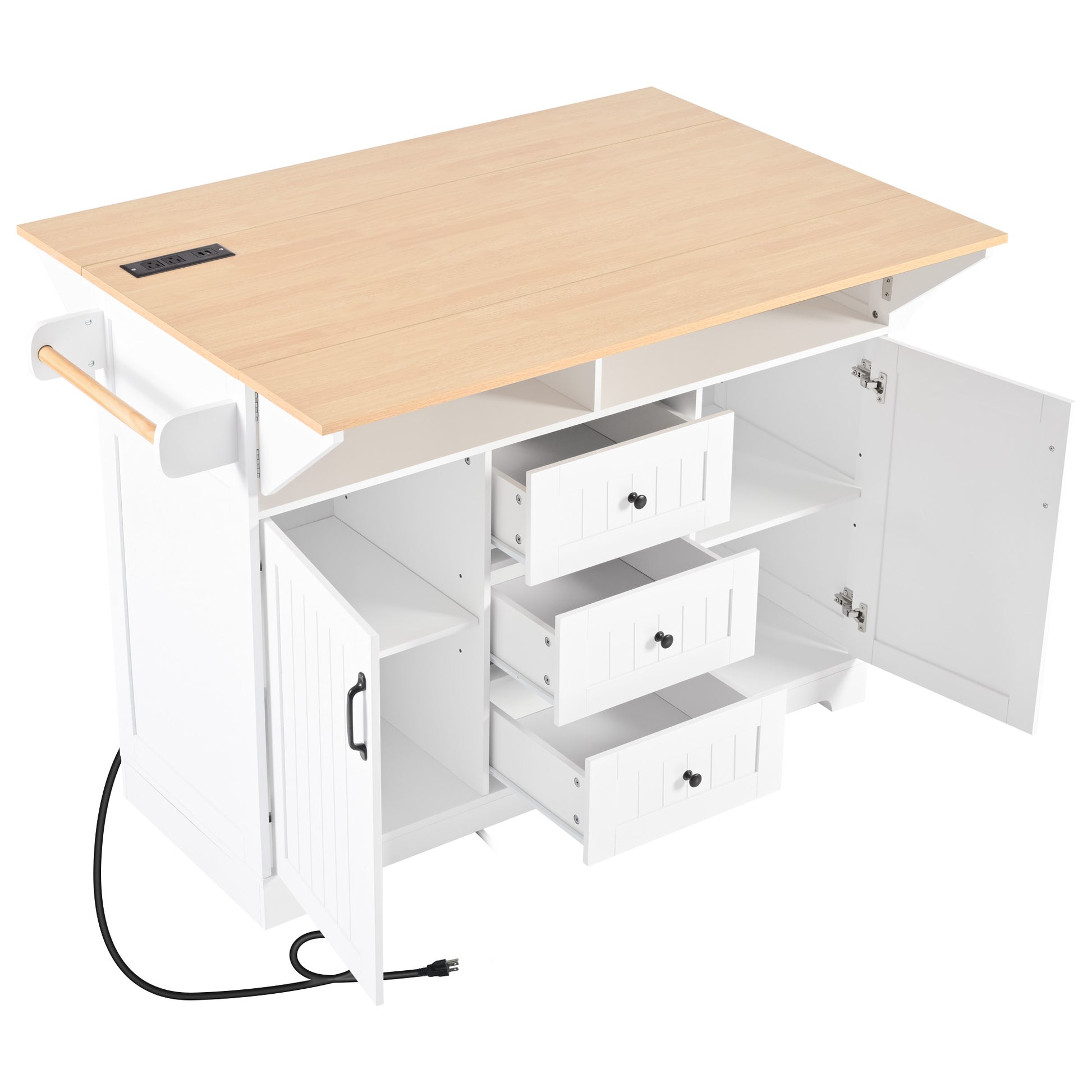 K&K 55.7'' Large Kitchen Island With 2 Drop Leaf, Rolling Kitchen Cart On 5 Wheels With Power Outlet, Folding Storage Dining Table With Spice & Towel Rack3 Drawers, For Kitchen, Dining Room,White White White Kitchen Classic,Farmhouse,Luxury,Modern