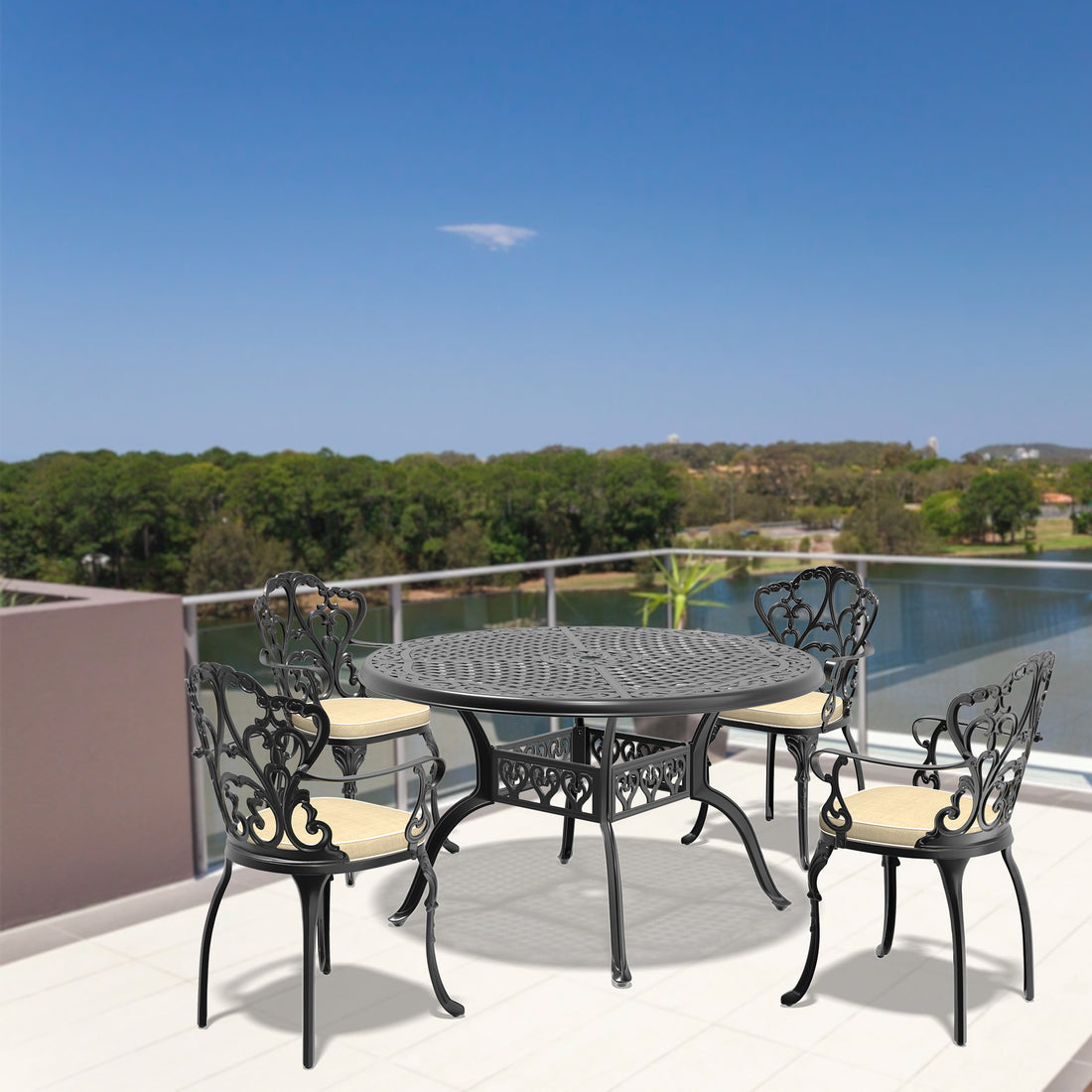 Cushions In Random Colors 5 Piece Set Of Cast Aluminum Patio Furniture With Cushions Yes Dining Set Black Seats 4 Rust Resistant Frame Water Resistant Cushion Garden & Outdoor Complete Patio Sets Aluminium