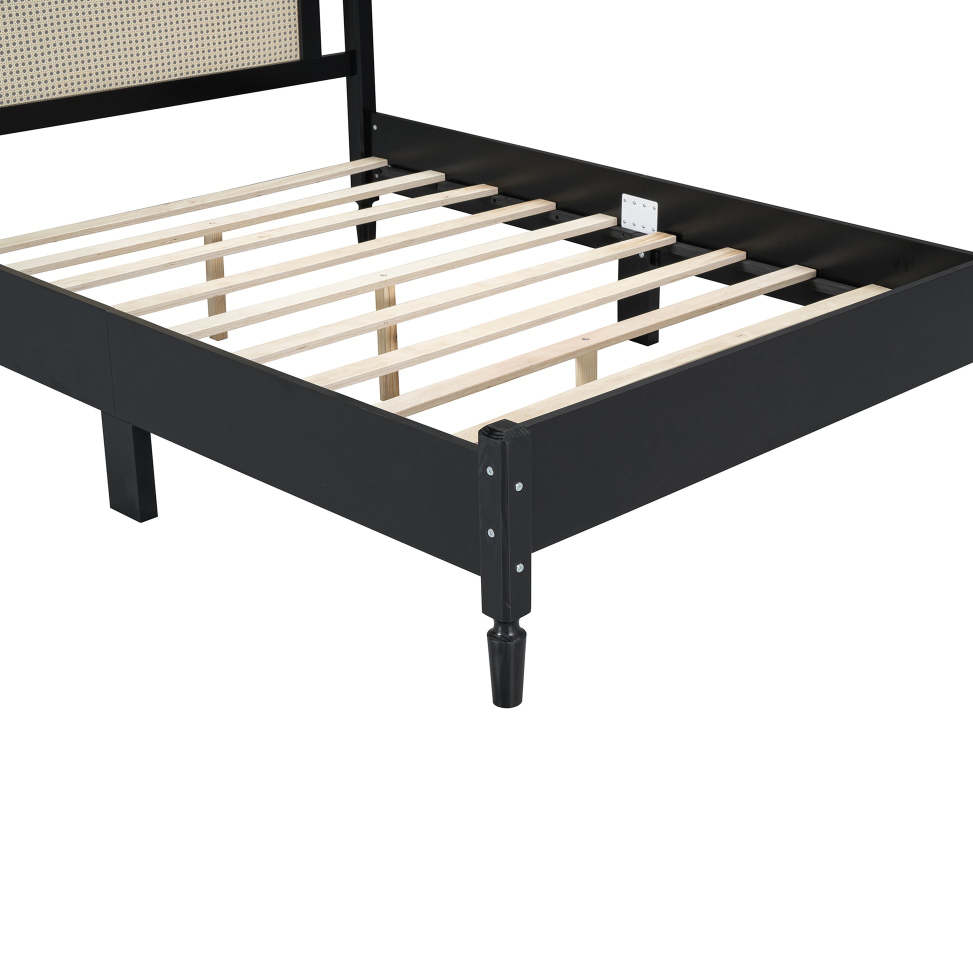Full Size Wooden Platform Bed With Natural Rattan Headboard, Vintage Bed Frame With Wooden Slat Support, Black Box Spring Not Required Full Black Wood