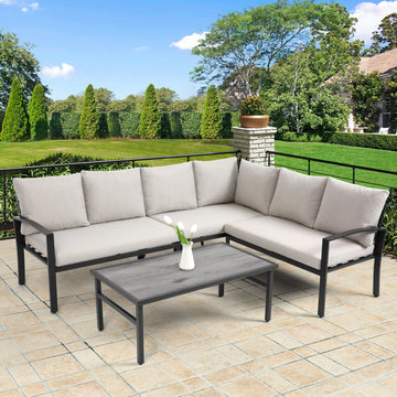 Grand Patio 4 Piece Patio Furniture Set, All Weather Outdoor Conversation Set Sectional Sofa With Water Resistant Beige Thick Cushions And Coffee Table Beige Cotton Steel