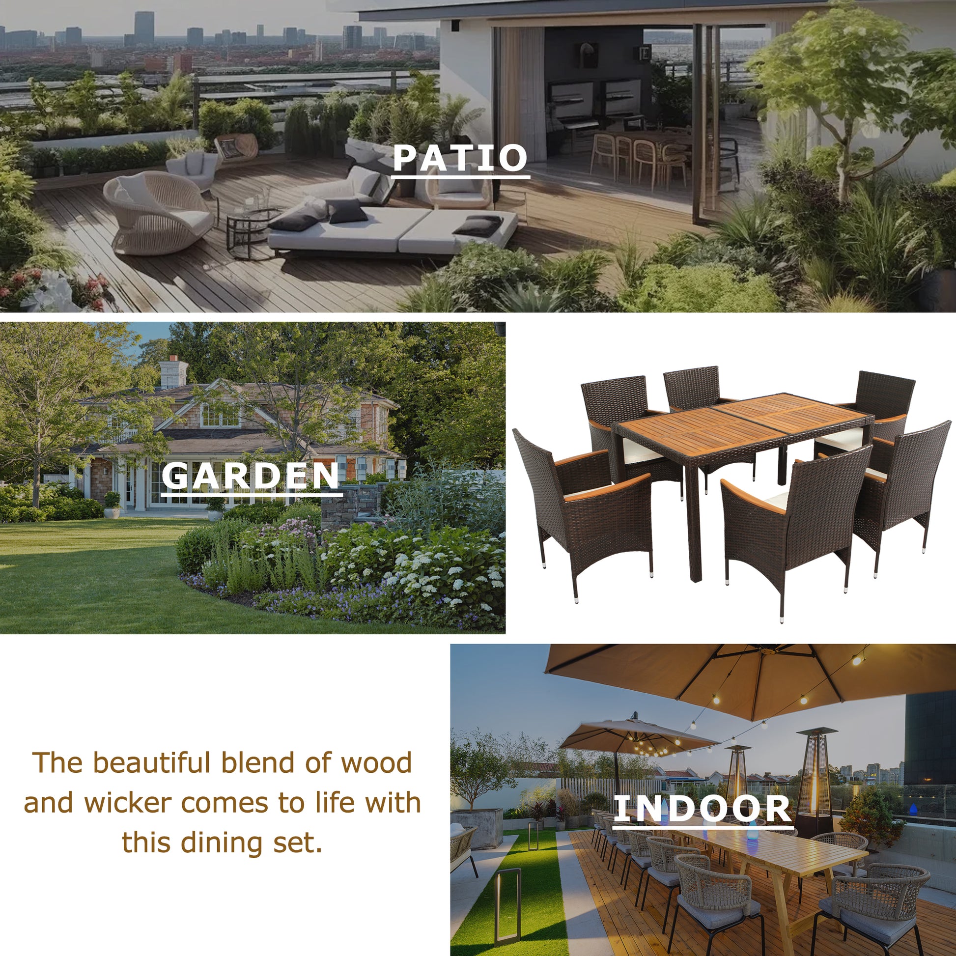 7 Piece Outdoor Patio Dining Set, Garden Pe Rattan Wicker Dining Table And Chairs Set, Acacia Wood Tabletop, Stackable Armrest Chairs With Cushions, Brown Yes Dining Set Brown Garden & Outdoor