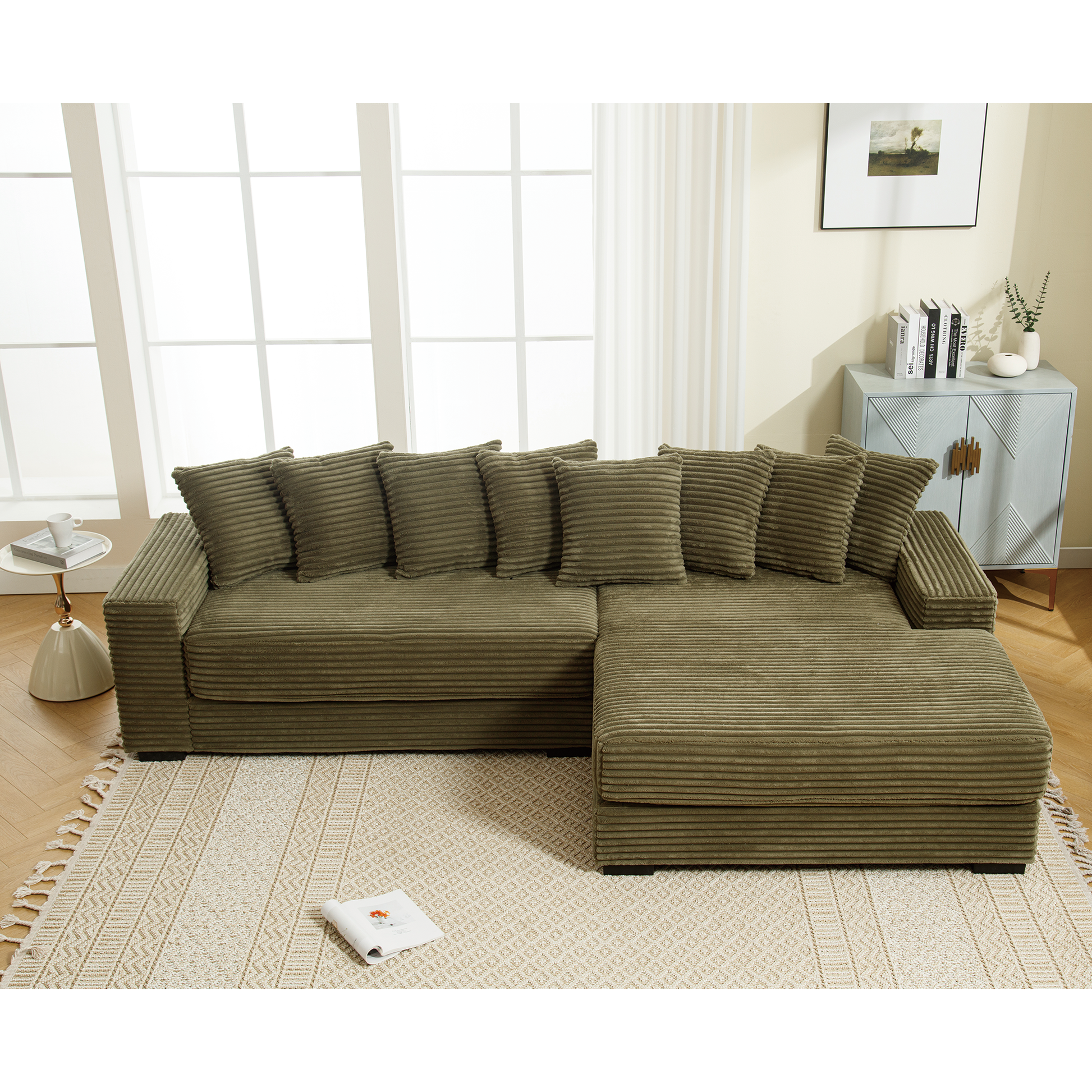 Arrived Oversized Two Piece Couches, L Shaped Sofa, Corduroy, Right Chaise Daybed,With Armrests,Eight Throw Pillows,Corner Sofa,Easy To Assemble, Green Green Polyester Wood Primary Living Space