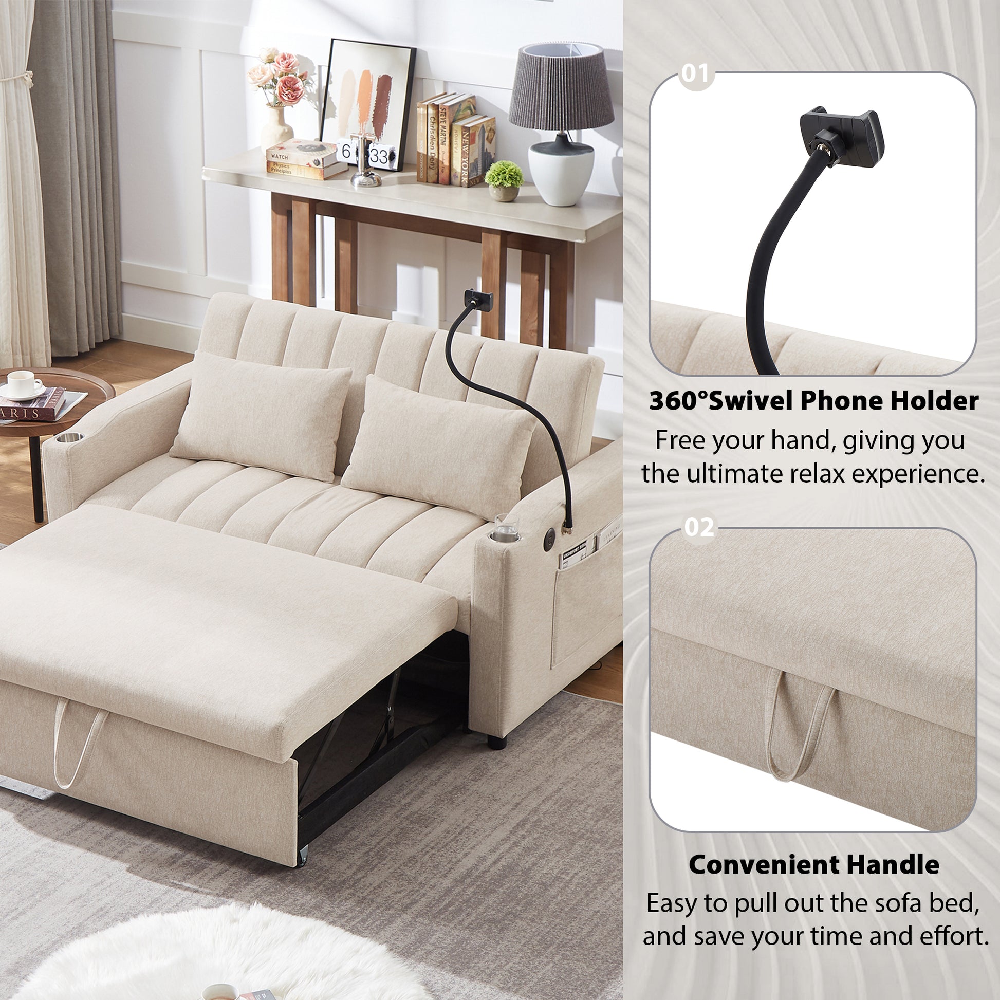 55.9" Convertible Sofa Bed Loveseat Sofa With Three Usb Ports, Two Side Pockets, Two Cup Holders And 360 Swivel Phone Holder For Living Room, Beige Beige Foam Polyester