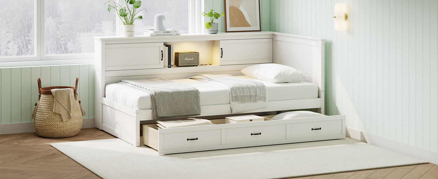 L Shaped Bed Frame With Drawer And And Bookcase,Corner Bed Wooden Captain Bed With Led Downlight And Usb Port For Small Room,Bedroom, Guest Room, Full Size, White Box Spring Not Required Full White Wood Bedroom Mid Century Modern,Modern Pine Bed Frame