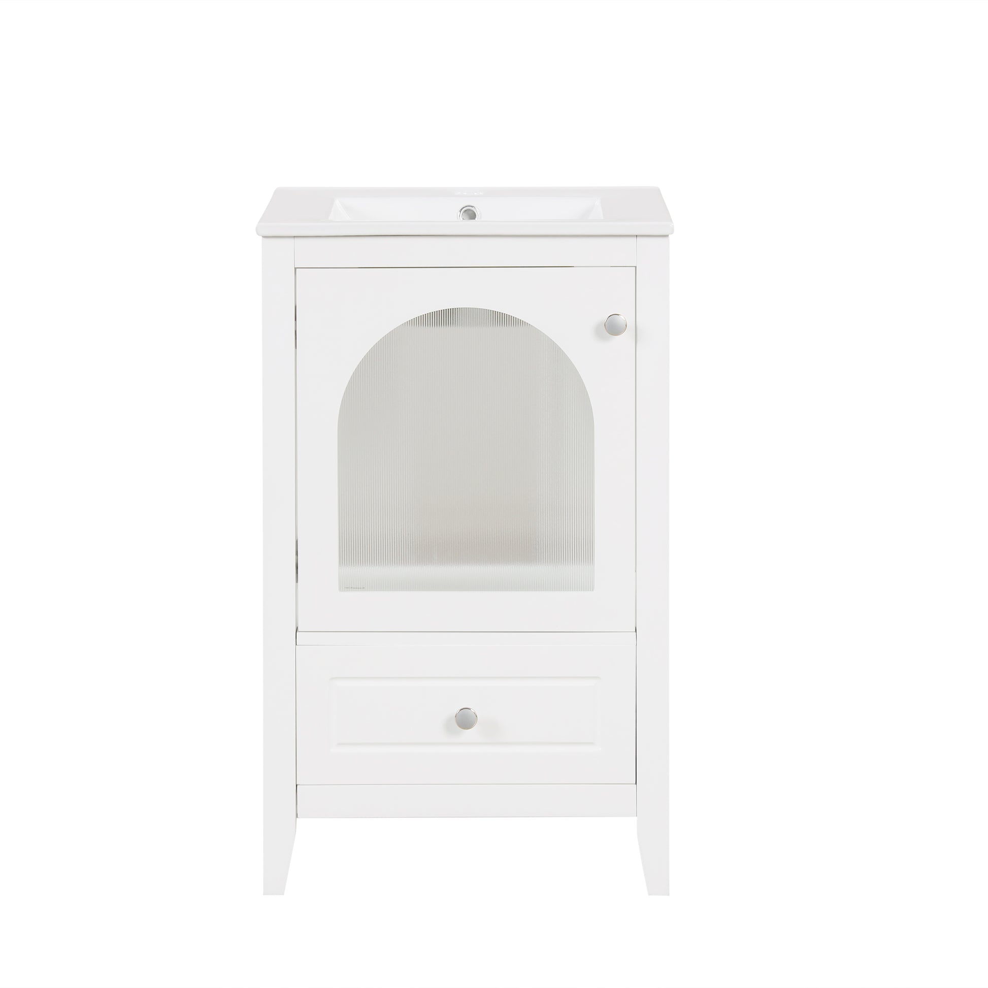 20" Bathroom Vanity With Sink, Bathroom Cabinet With Soft Closing Glass Door, A Drawer, White White Mdf