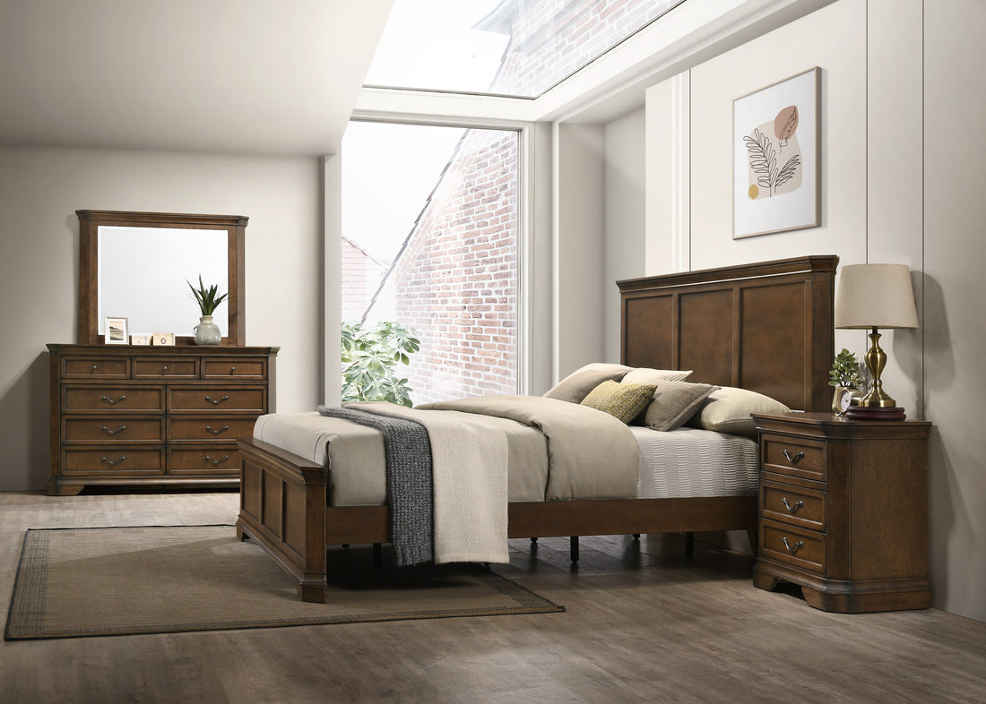 Maderne Traditional Wood Panel Bed With Dresser, Mirror, Nightstand, King Size Box Spring Required King Walnut Brown Wood Brown 4 Piece Set Bedroom Bed Included,Dresser Included,Mirror Included,Nightstand Included American Traditional,Traditional