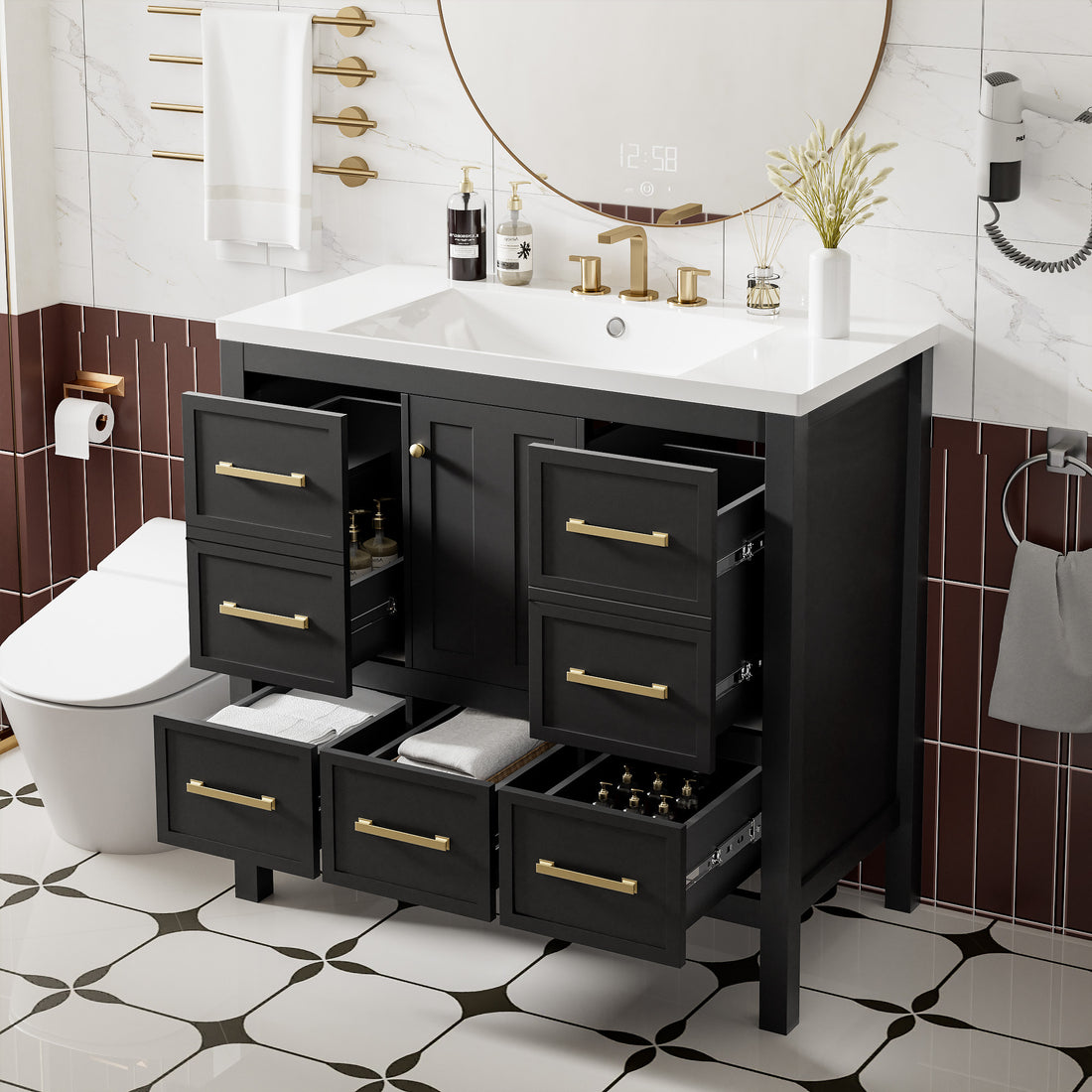 36'' Bathroom Vanity With Resin Sink Combo, Solid Wood Frame Bathroom Storage Cabinet, Freestanding Vanity Set With 5 Drawers& Soft Closing Doors Same As N710S136002B Black Bathroom Solid Wood Mdf Resin