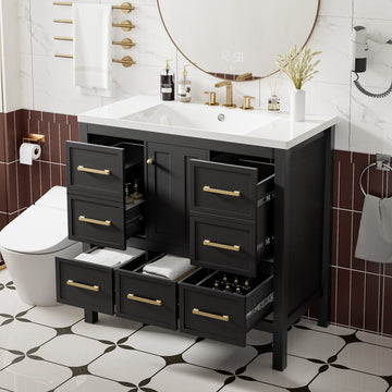 36'' Bathroom Vanity With Resin Sink Combo, Solid Wood Frame Bathroom Storage Cabinet, Freestanding Vanity Set With 5 Drawers& Soft Closing Doors Same As N710S136002B Black Bathroom Solid Wood Mdf Resin