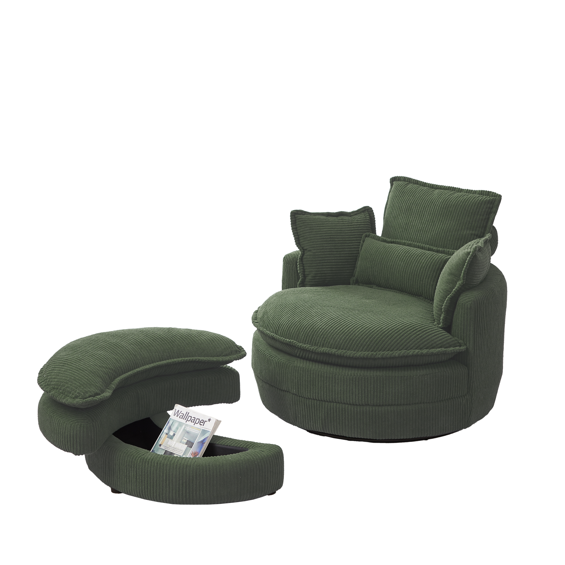 38"W Oversized Swivel Chair With Moon Storage Ottoman For Living Room, Modern Accent Round Loveseat Circle Swivel Barrel Chairs For Bedroom Cuddle Sofa Chair Lounger Armchair, 4 Pillows,Corduroy Green Foam Corduroy 1 Seat