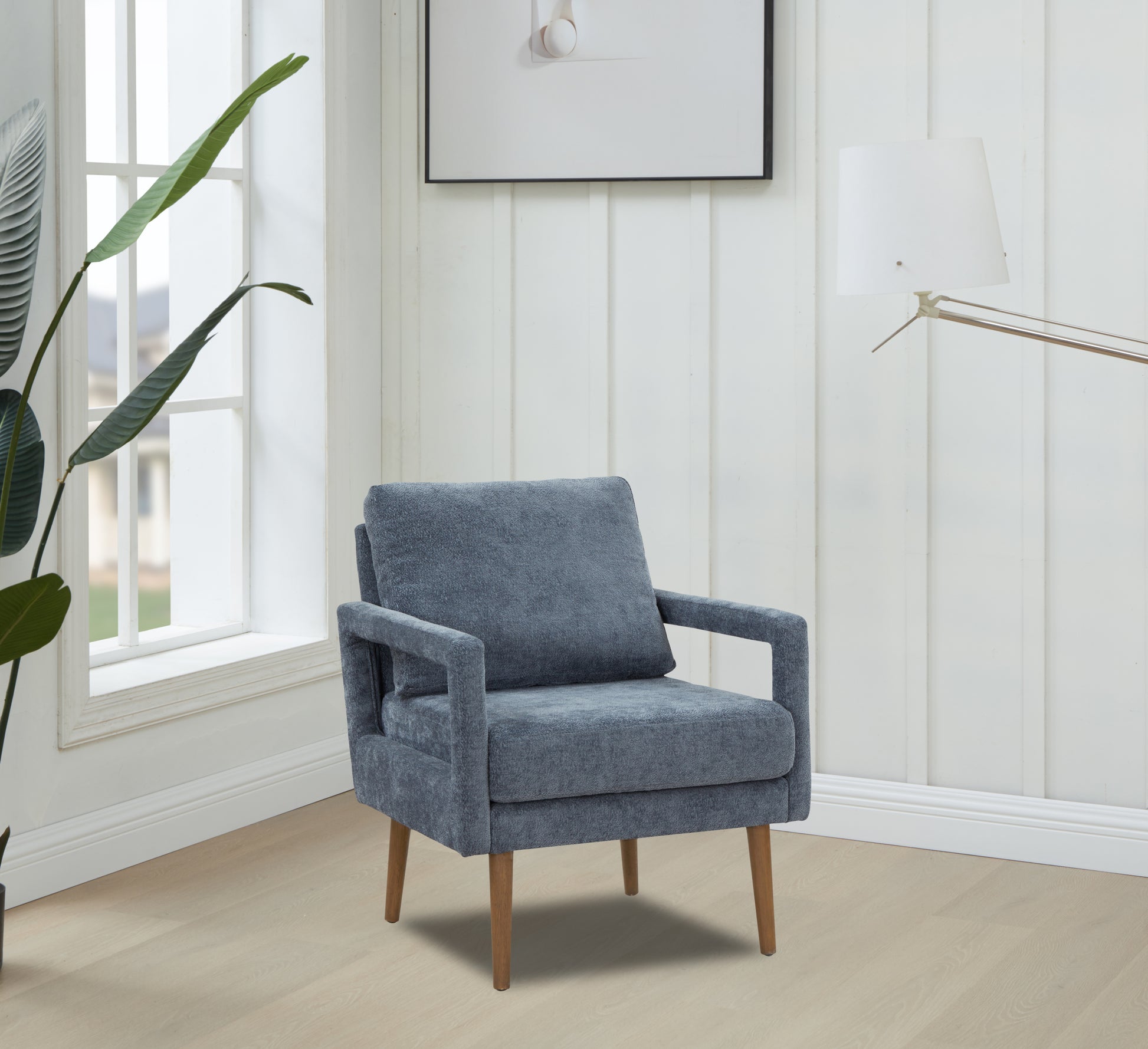 Mid Century Armchairaccent Chair With Chenille Armrest & Soft Cushion For Living Room, Bedroom, Home Office, Study, Dark Grayish Blue Blue Foam Wood Fabric