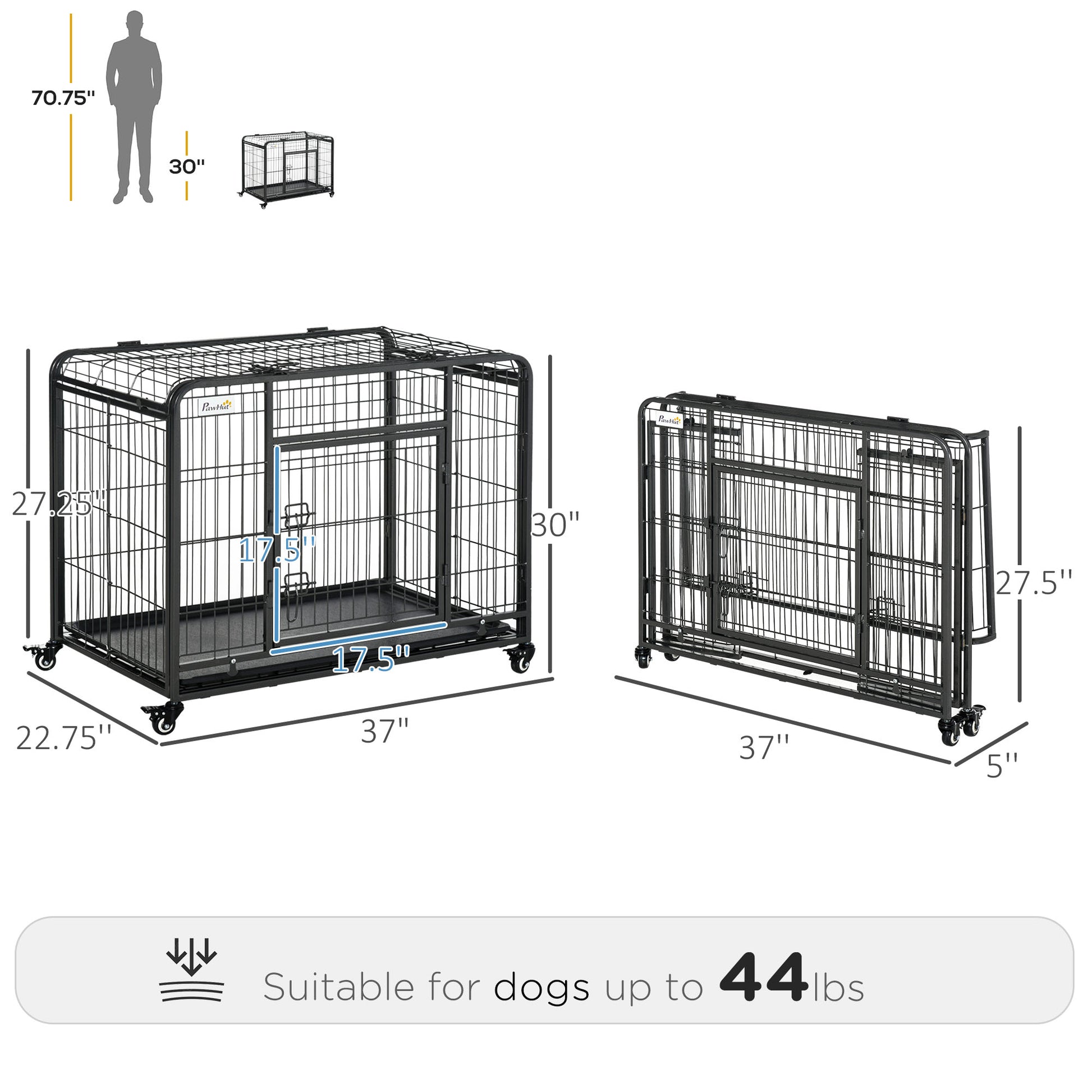 Pawhut Folding Design Heavy Duty Metal Dog Cage Crate & Kennel With Removable Tray And Cover, & 4 Locking Wheels, Indoor Outdoor 37" Dark Grey Metal