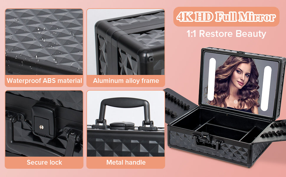 Portable Makeup Case With Led Mirror Travel Makeup Bag Cosmetic Organizer Box With Locks, Brush Holder, Dividers, Rechargeable, Black Black Aluminium Alloy