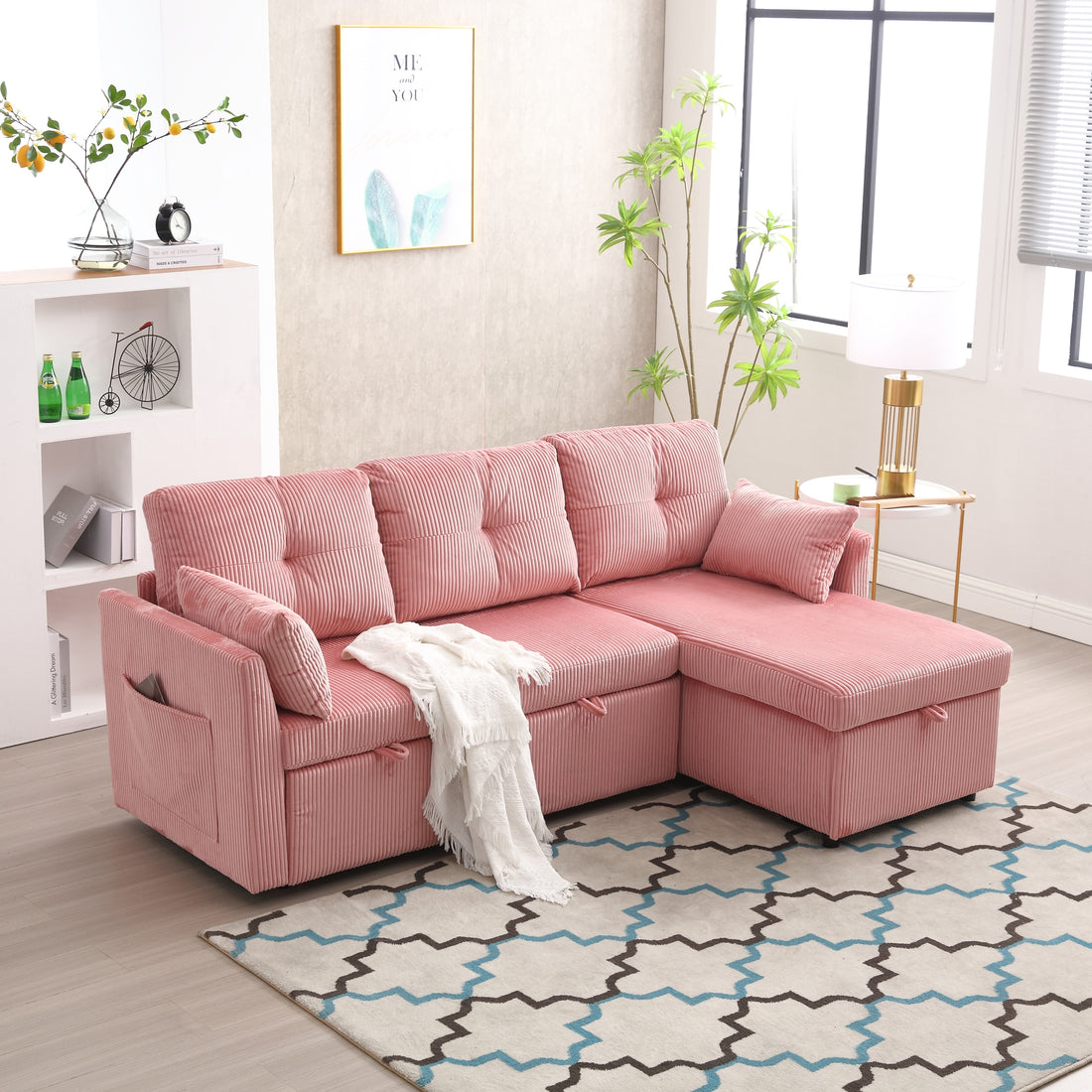 United We Win Furniture, Modular L Shaped Sofa, Modular Long Sofa With Reversible Chaise Lounge, Sofa Bed, Sleeper Sofa, Modular Sofa Combination With Storage Seats. Pink Velvet 3 Seat