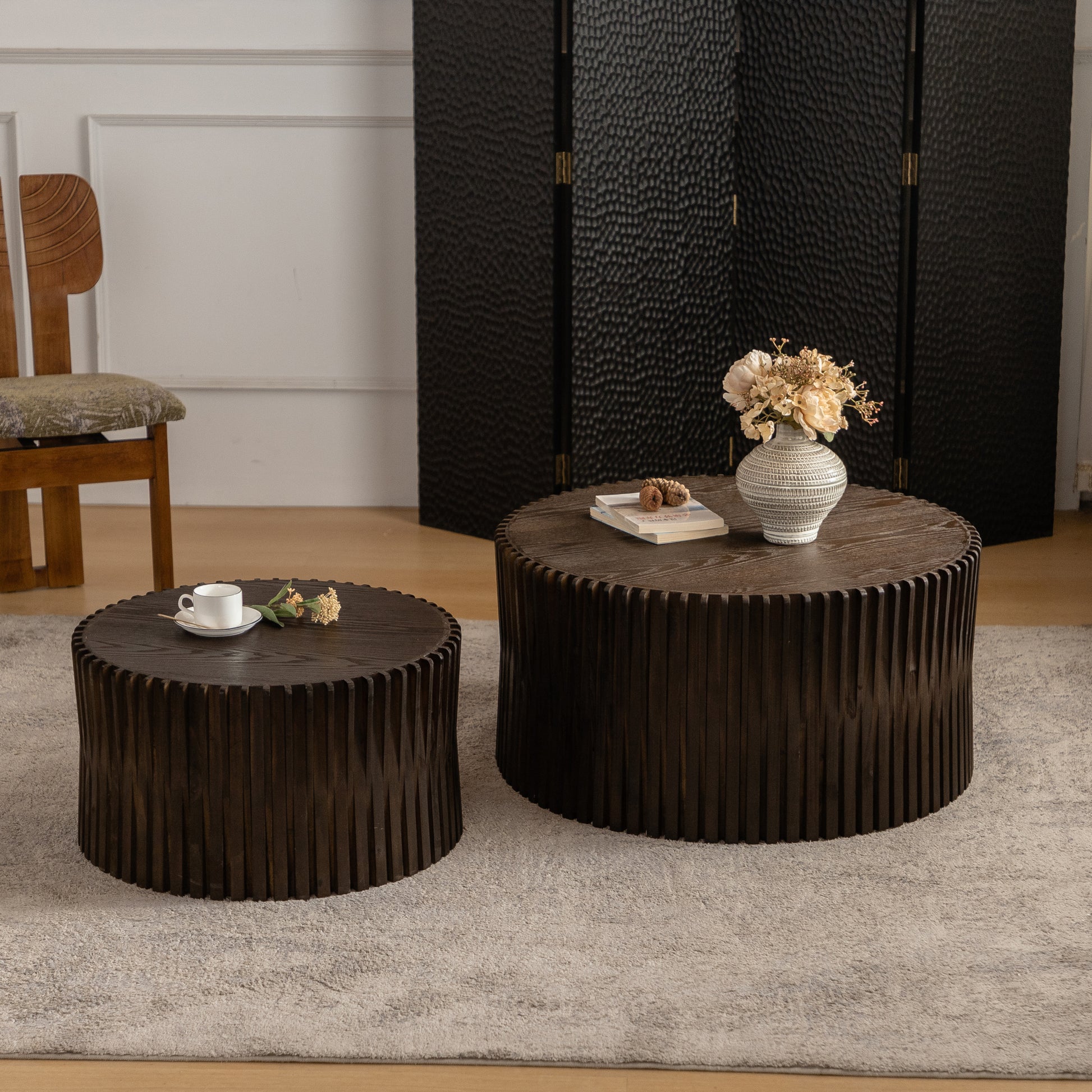 Vintage Fashion Style Cylindrical Nesting Coffee Table Set With Vertical Textured Embossed Design For Living Room, Office And Dining Room, Dark Brown Set Of 2 Dark Brown Mdf