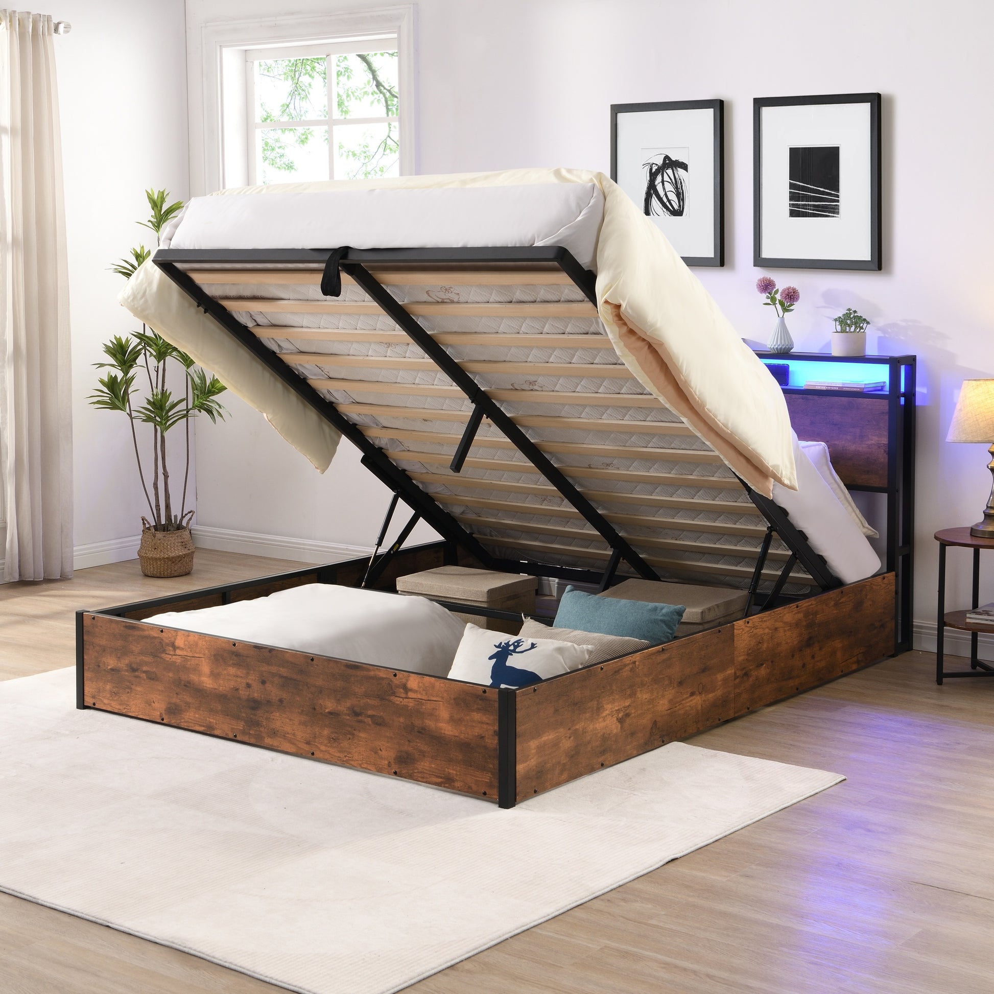 Lift Up Storage Bed Frame, Full Size Bed Frame With Bookcase Headboard & Led Lights, Wooden Platform Bed Frame With Charging Station, No Spring Box Needed, Rustic Brown Box Spring Not Required Full Rustic Brown Metal Brown Bedroom Industrial Bed Frame