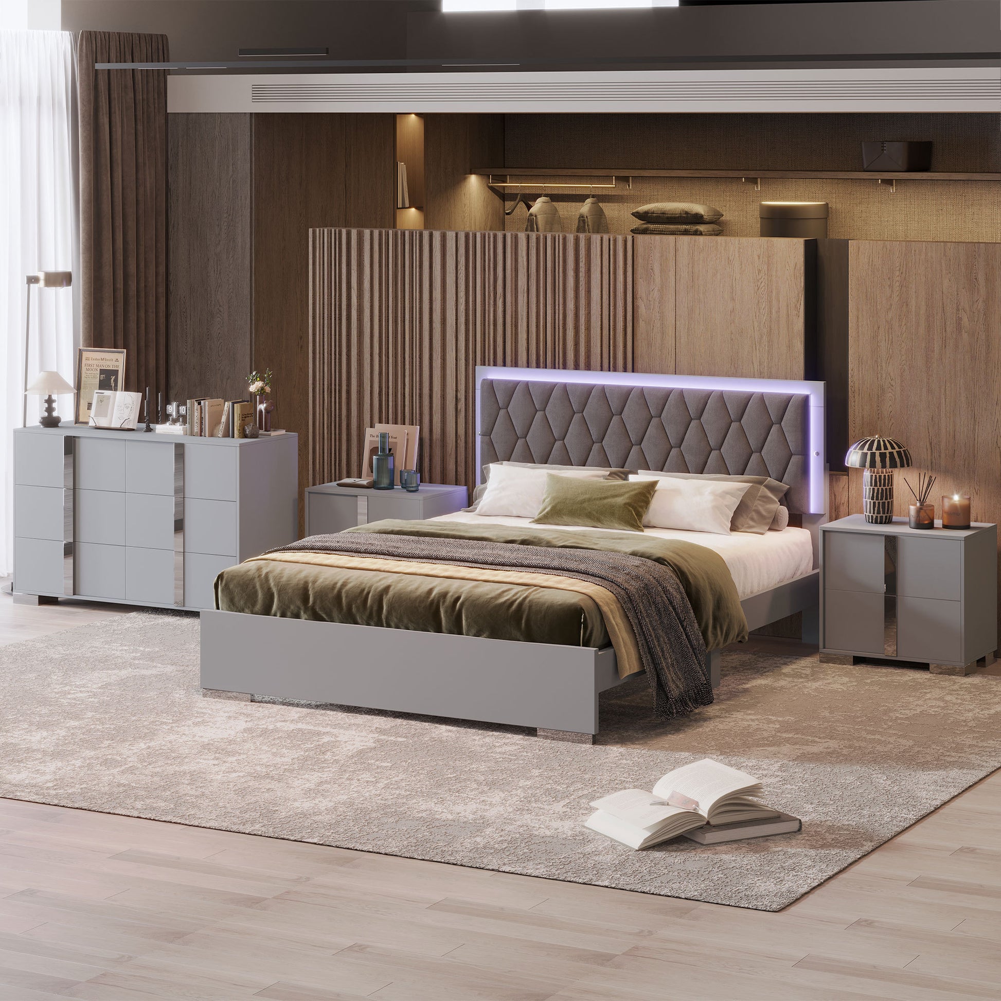 4 Pieces Bedroom Sets Queen Size Upholstered Bed With Led Lights, Mirrored Nightstands And Dresser With Metal Handles And Legs,Grey Queen Grey 4 Piece Set Solid Wood Mdf