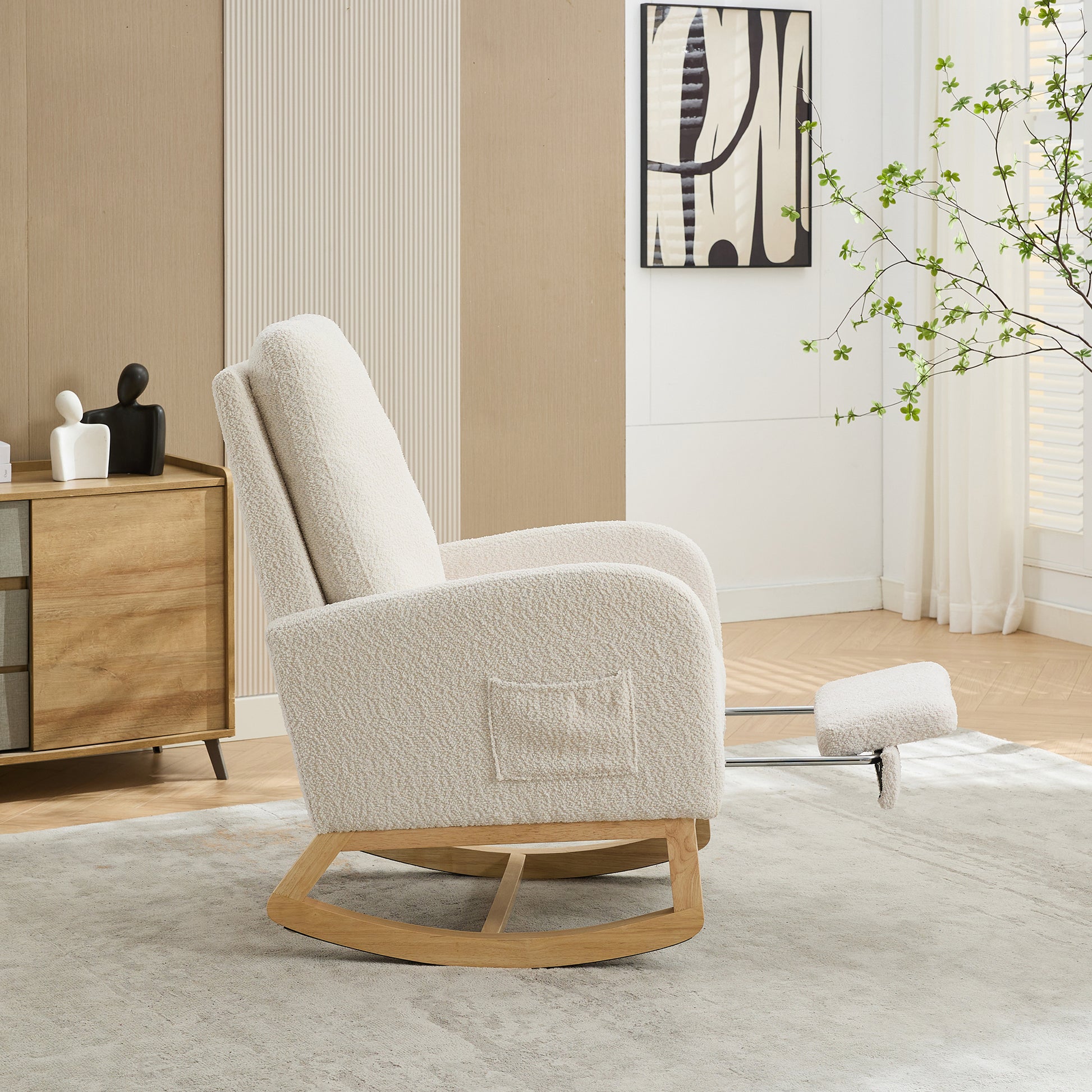 25.4"W Rocking Chair For Nursery, High Back Glider Chair With Retractable Footrest, Side Pocket, Rocking Accent Armchair With Rubber Wood Legs For Living Room Bedroom.Ivory Ivory Boucle