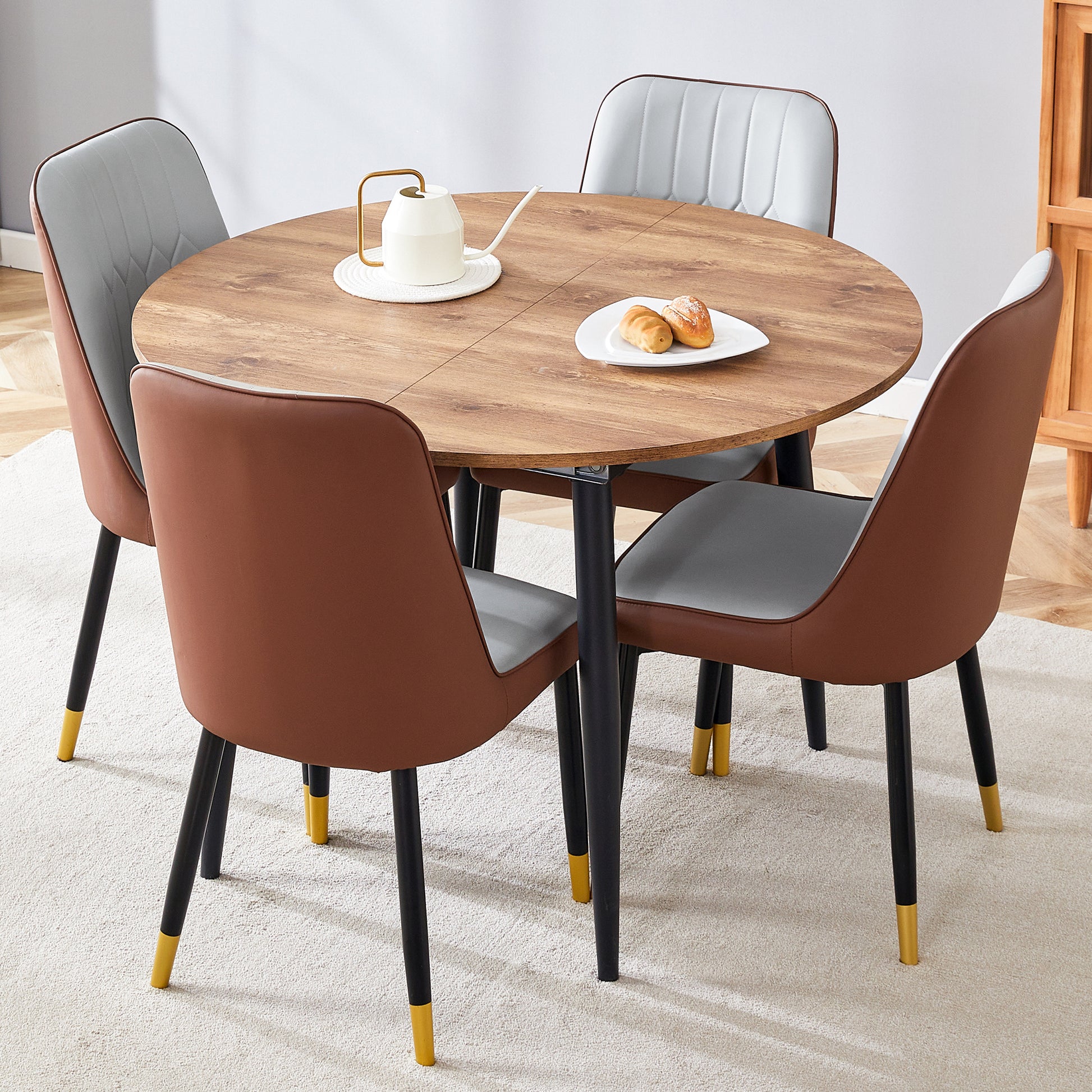 Table And Chair Set.Modern Extendable Wood Mdf Dining Table.The Table Has A Telescopic Design, Suitable For Gatherings Of Different Size.Paired With 4 Chairs With Pu Cushions And Black Metal Legs. Brown,Wood Seats 4 Mdf Metal