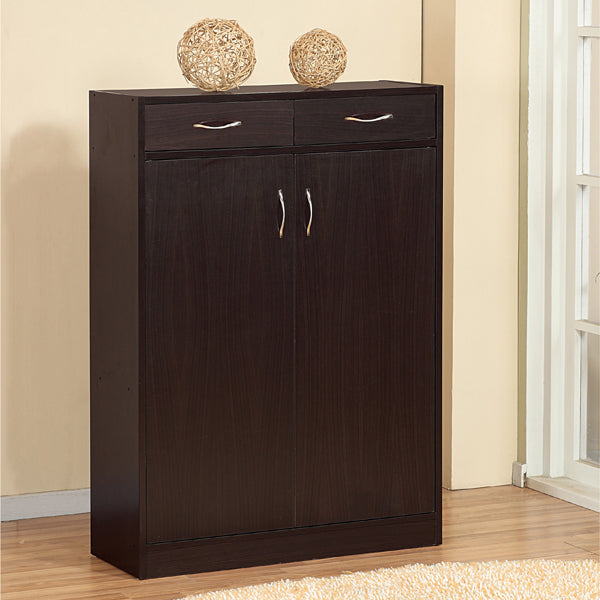 Shoe And Storage Cabinet Two Drawers, Two Doors, Five Shelves In Red Cocoa Dark Brown Mdf