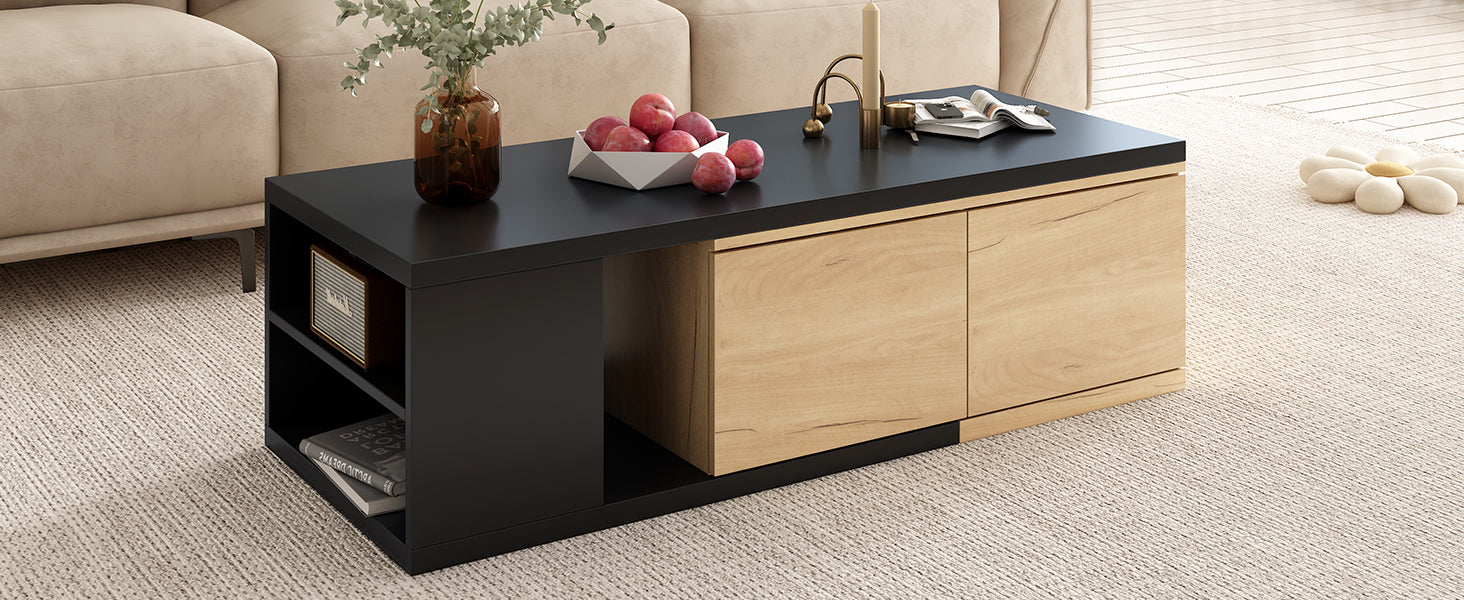 47.2'' 57''W Extendable Coffee Table With 2 Storage Drawers, Dual Tone Wood Center Table With Extendable Sliding Tabletop, Multi Functional Hidden Storage Sofa Table For Living Room, Black Black Primary Living Space Drawers Rectangular Particle Board Mdf