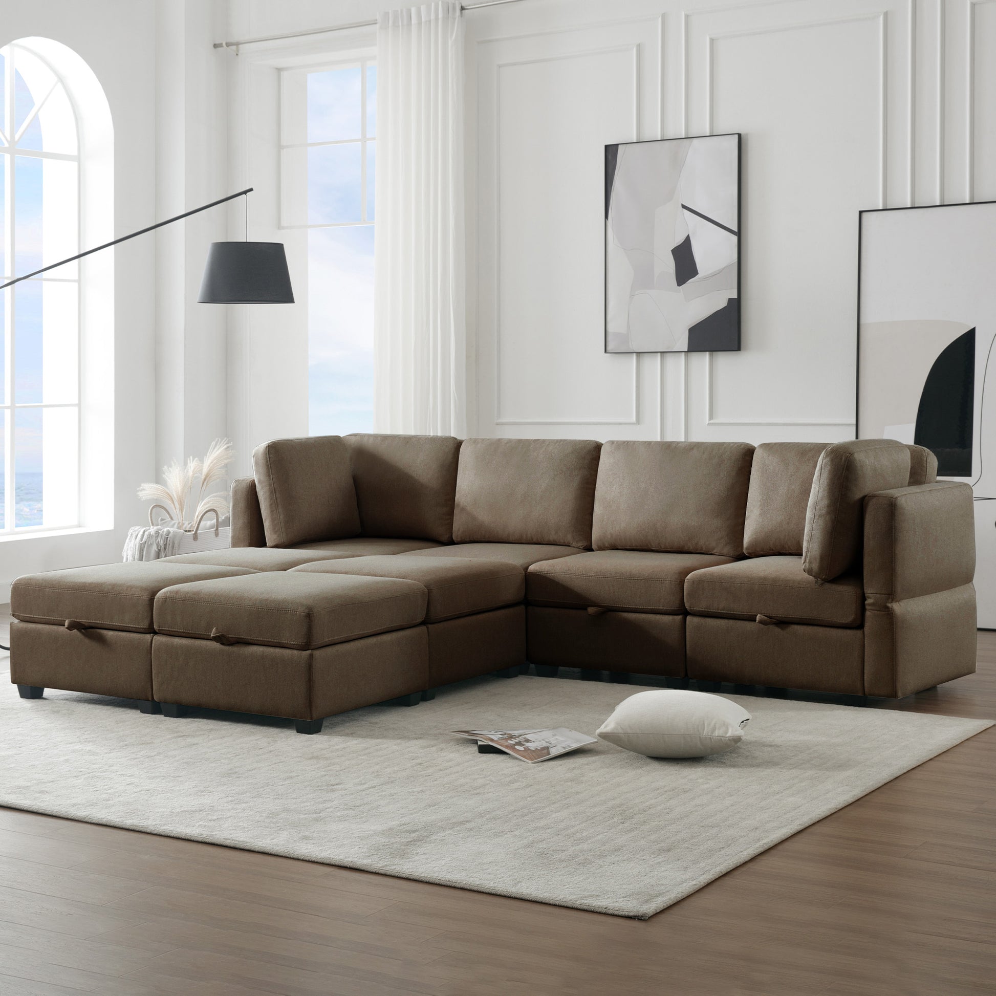 Modular Convertible U Shaped Sectional Sofa Couch With Storage Ottoman Corner Couch For Living Room, Adjustable Arms And Backs Brown Brown Polyester 4 Seat