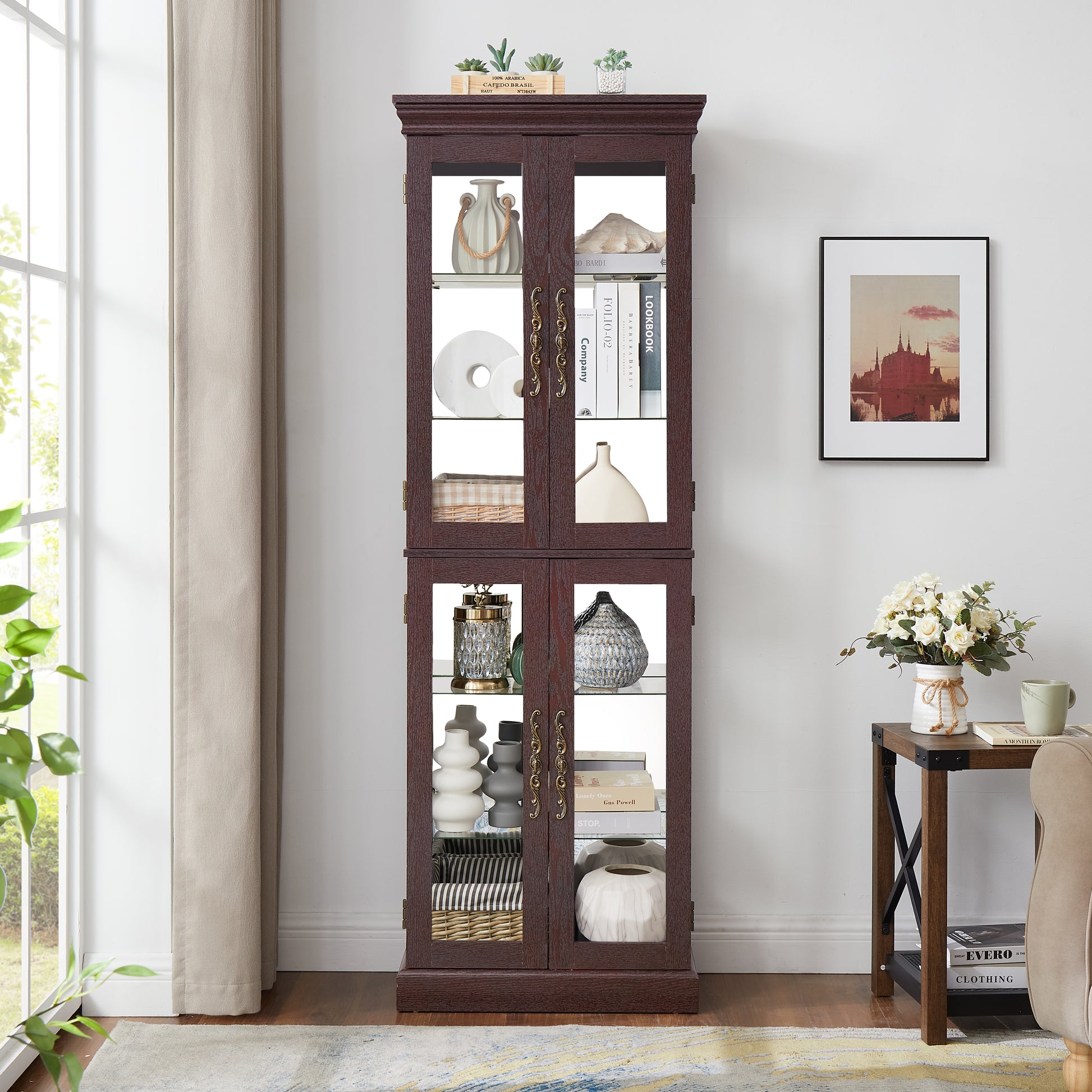 Lighted Glass Curio Display Cabinet,Display Cabinet,Glass Storage Cabinet Glass Wine Cabinet Wood Frame Toy Display For Living Room, Kitchen, Pantry Light Bulb Included Dark Cherry Cherry Mdf