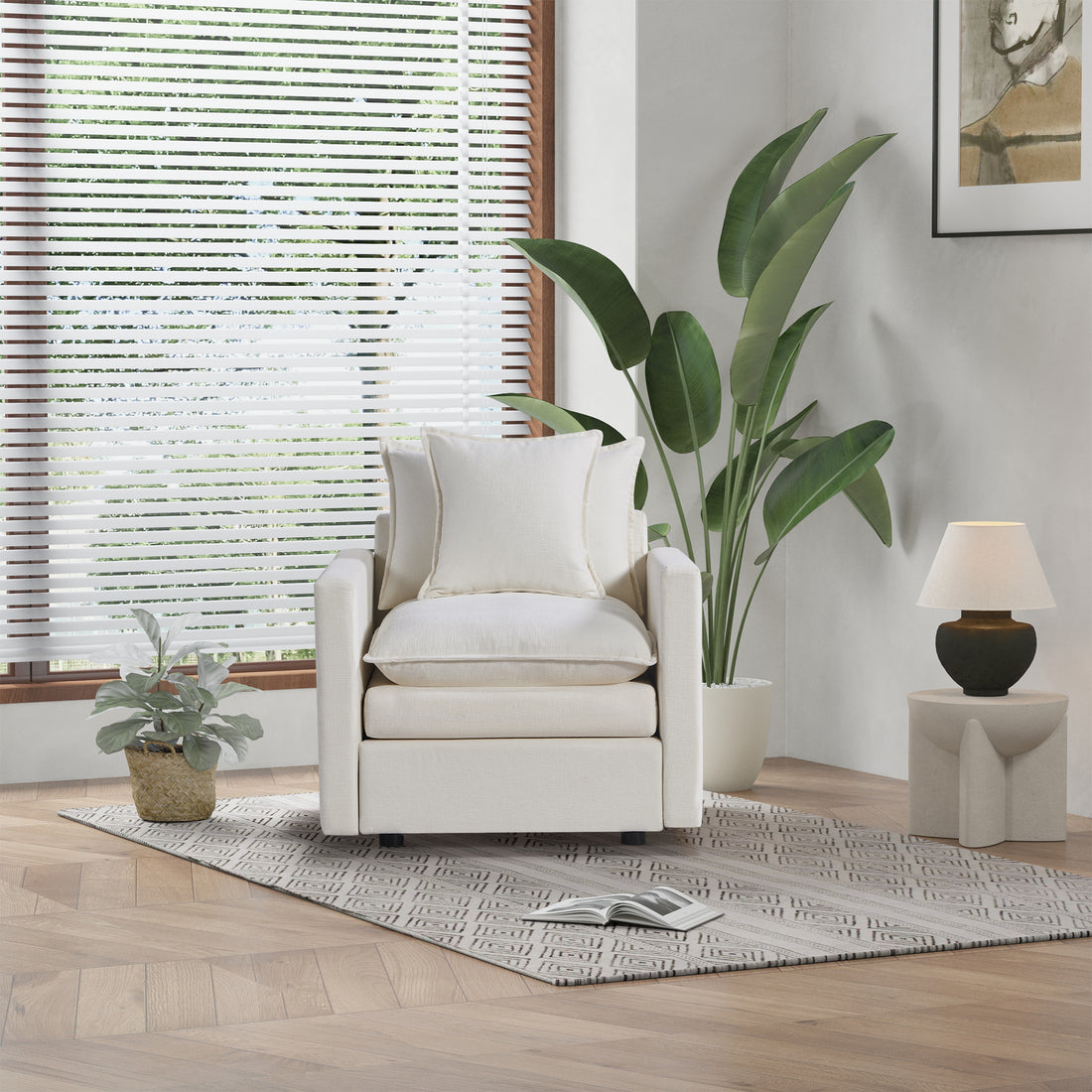 Chenille Fabric Comfy Deep Single Seat Sofa Upholstered Reading Armchair Living Room White Foam Chenille 1 Seat