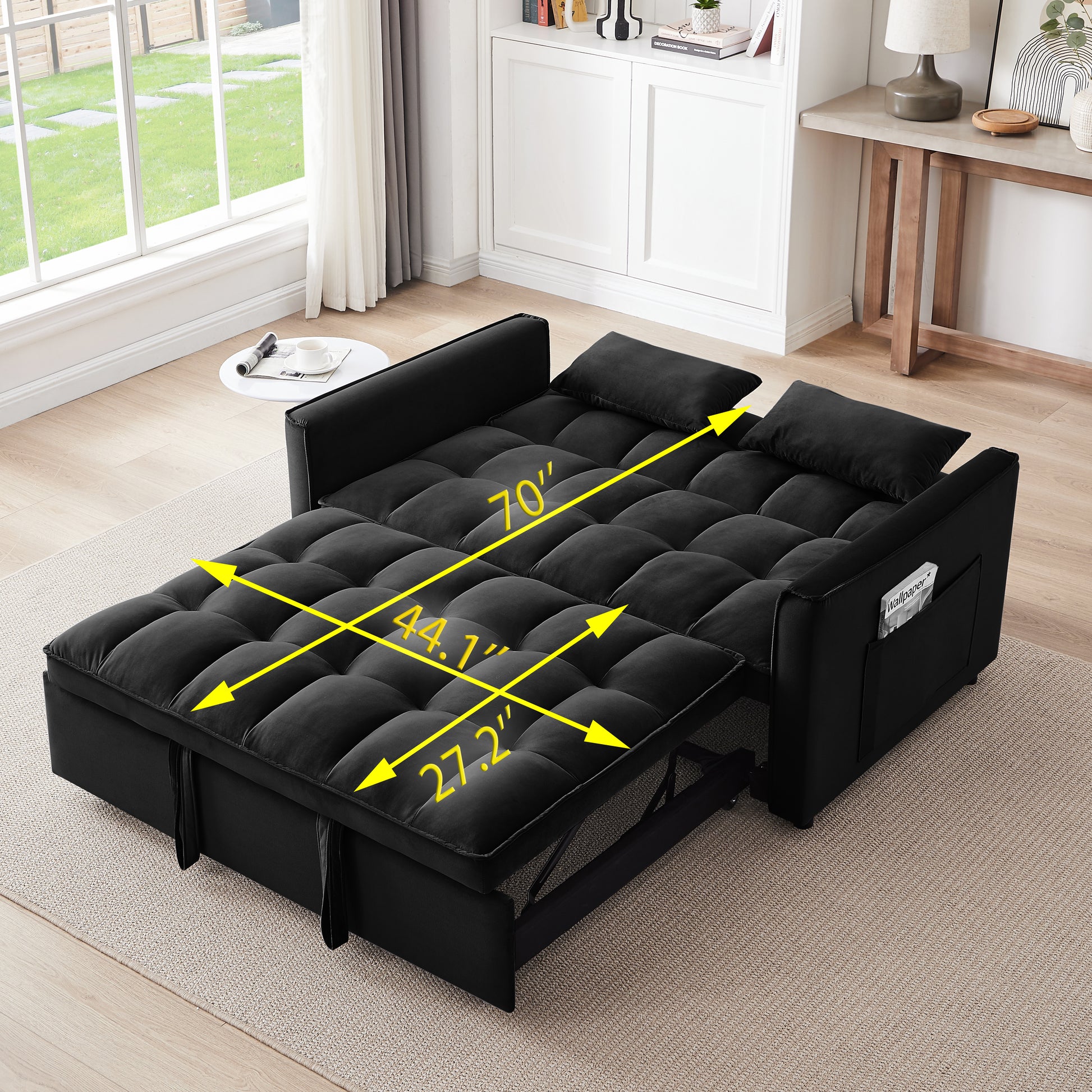 55.1 Inch 3 In 1 Convertible Sofa Bed, Modern Velvet Double Sofa Futon Sofa Bed With Adjustable Back, Storage Bag And Pillow, For Living Room, Bedroom Black Black Metal & Wood 2 Seat