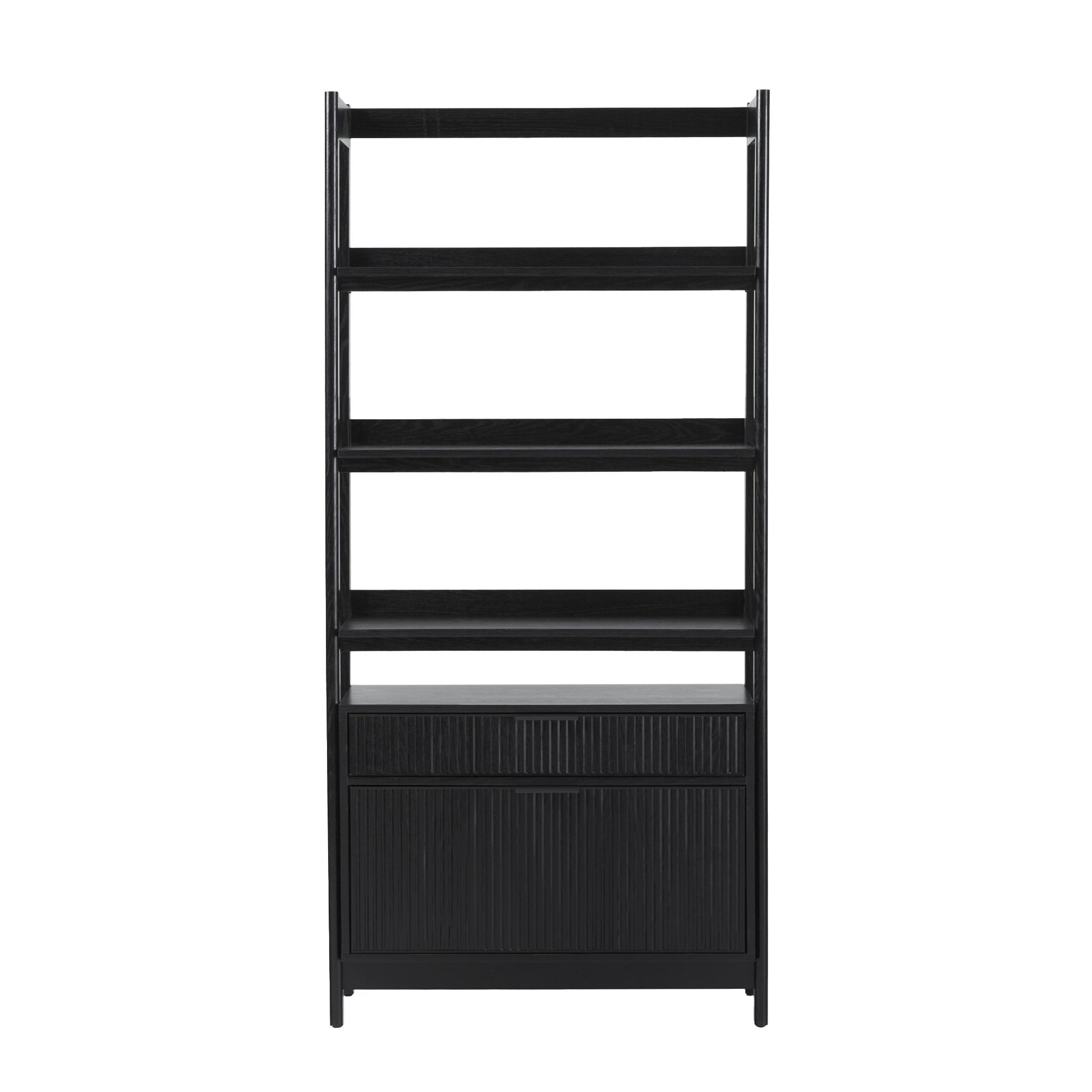 Transitional Wide Reeded Bookshelf With Drawers On Bottom Black Black Mdf Mdf