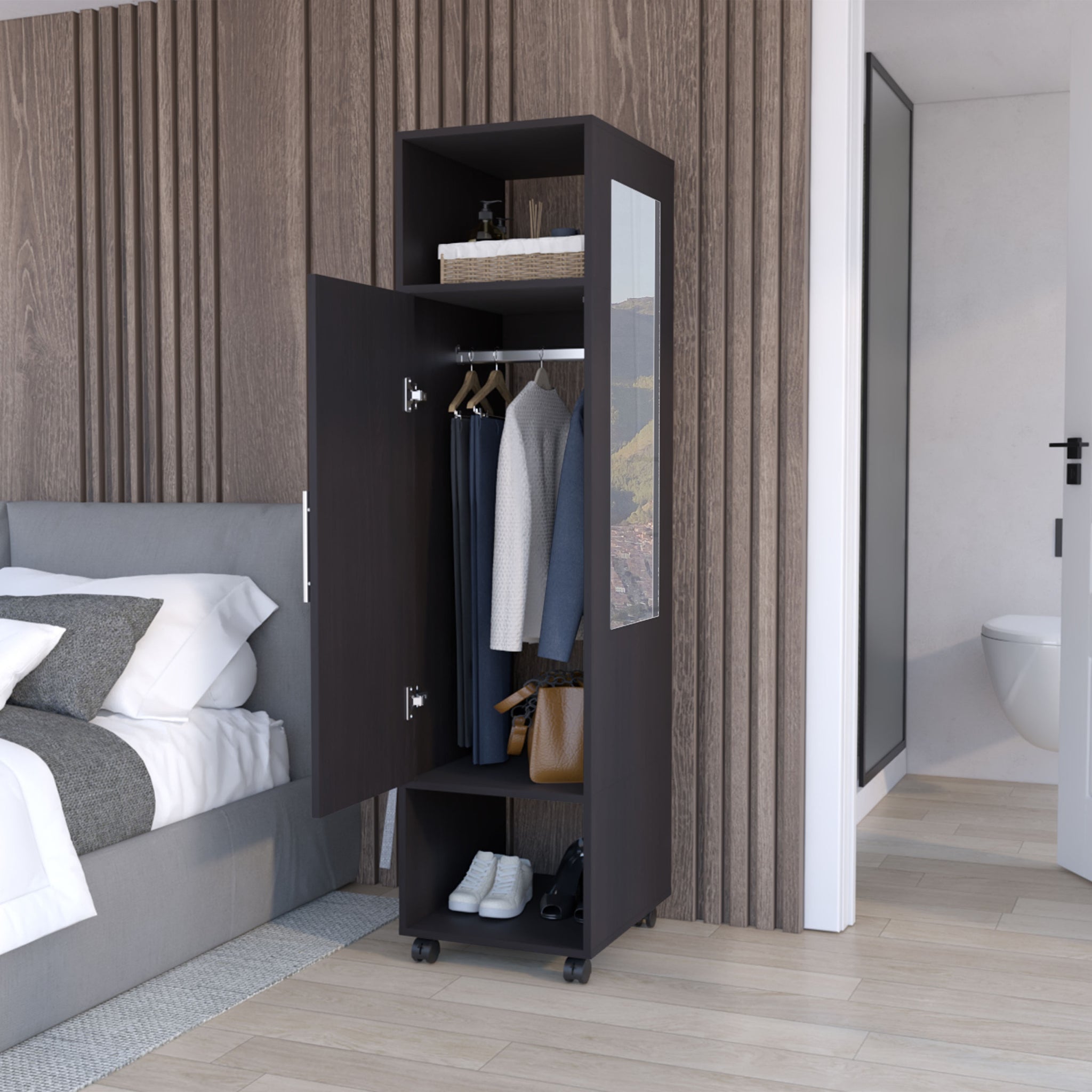 dress cabinet design with mirror Harper & Bright Designs White Wood 41.3 in. 3-Door Wardrobe Armoire with Mirror, 2 Drawers, 4 Storage Shelves and 1 Hanging Rail QMY298AAK